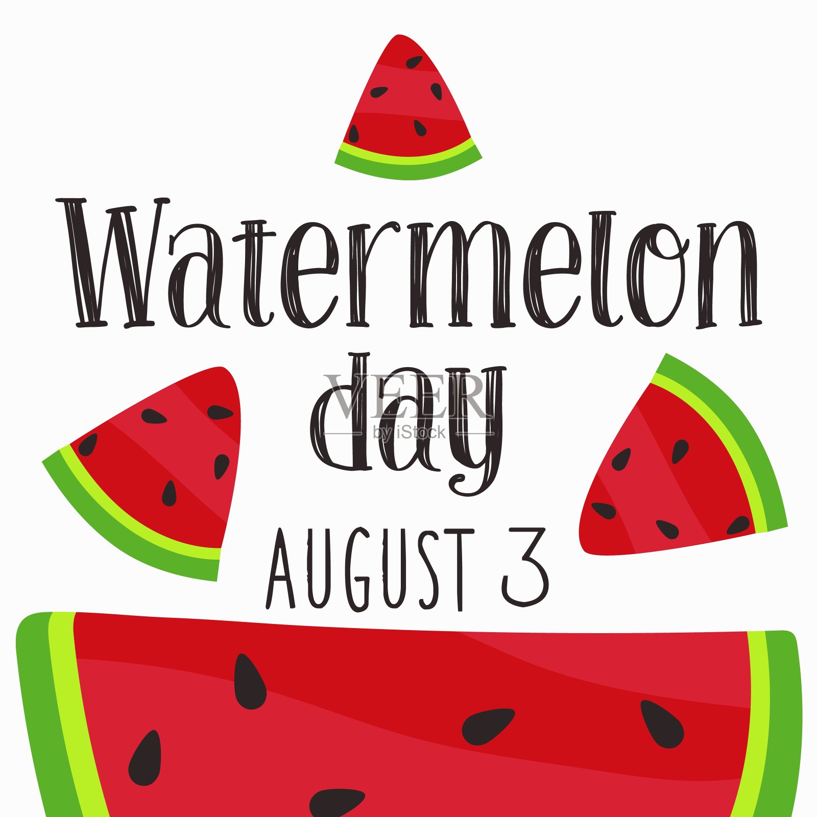 西瓜日,8月3日。背景:祝贺美国节日。卡通大西瓜片上一片白。矢量插图海报,贴纸,横幅,明信片插画图片素材