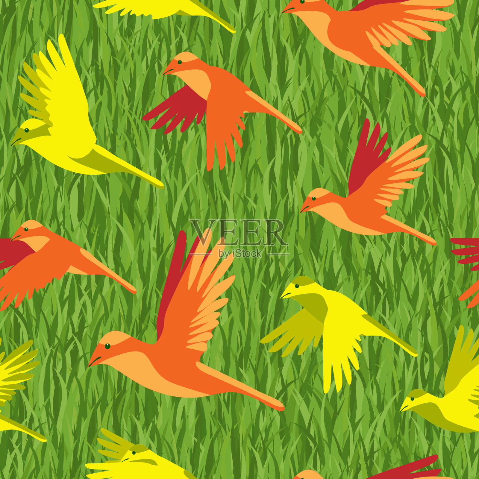 彩鸟飞过绿草,图案无缝。插画图片素材
