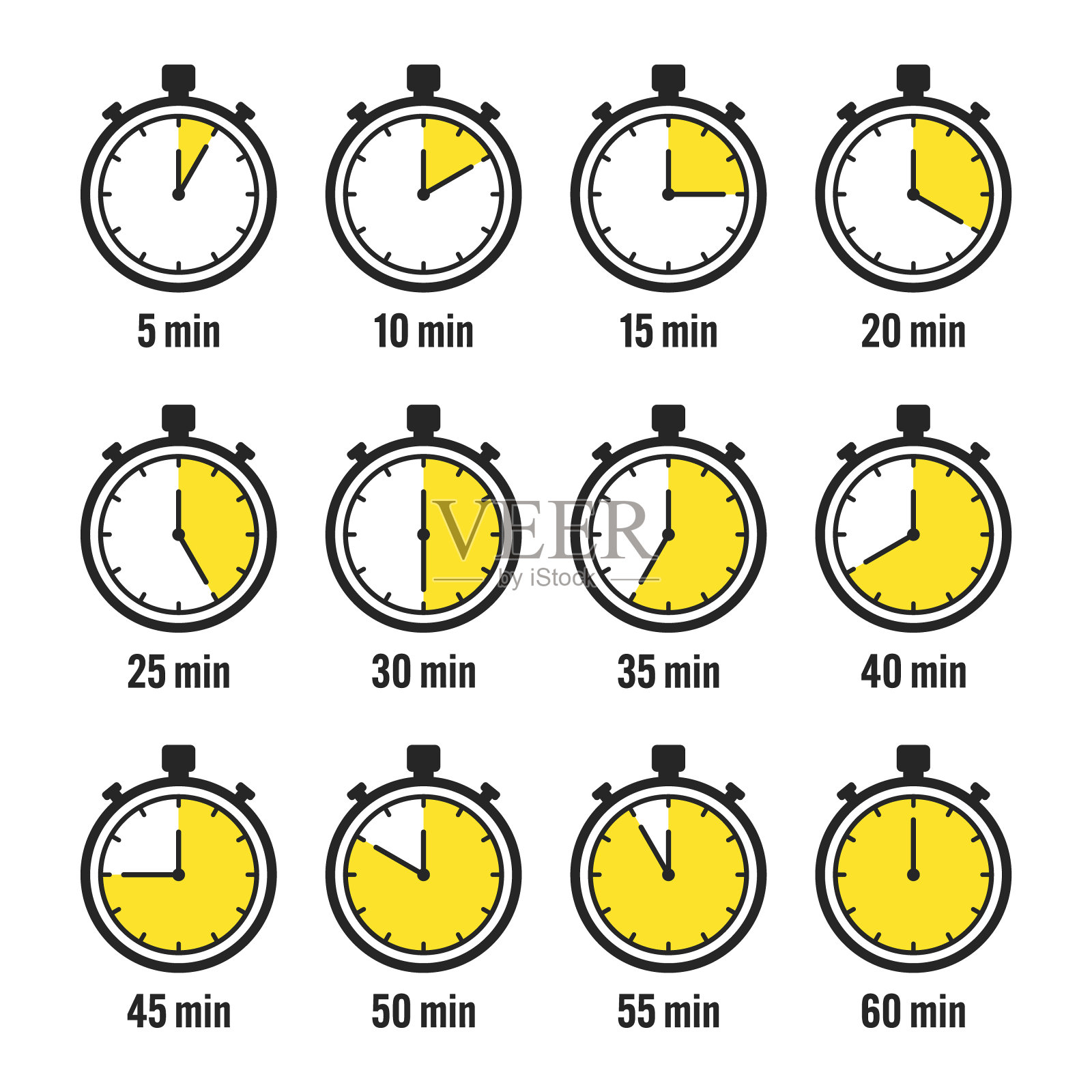 秒表图标。彩色简易计时器,带表盘的时间计数器。倒数计时器显示小时和分钟。最后期限,为运动而测量。烹饪时间标签,贴纸。矢量图插画图片素材