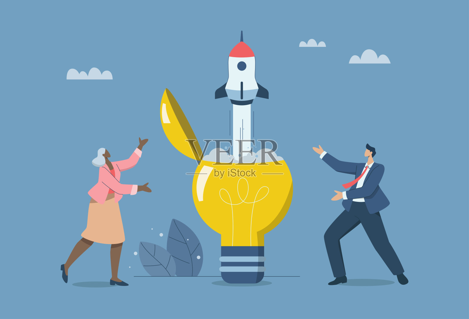 发射新一代创新火箭,从打开一个当代的想法,灯泡的概念,打开一个新的想法,开始一个企业家或一个新的业务。矢量设计插图。插画图片素材