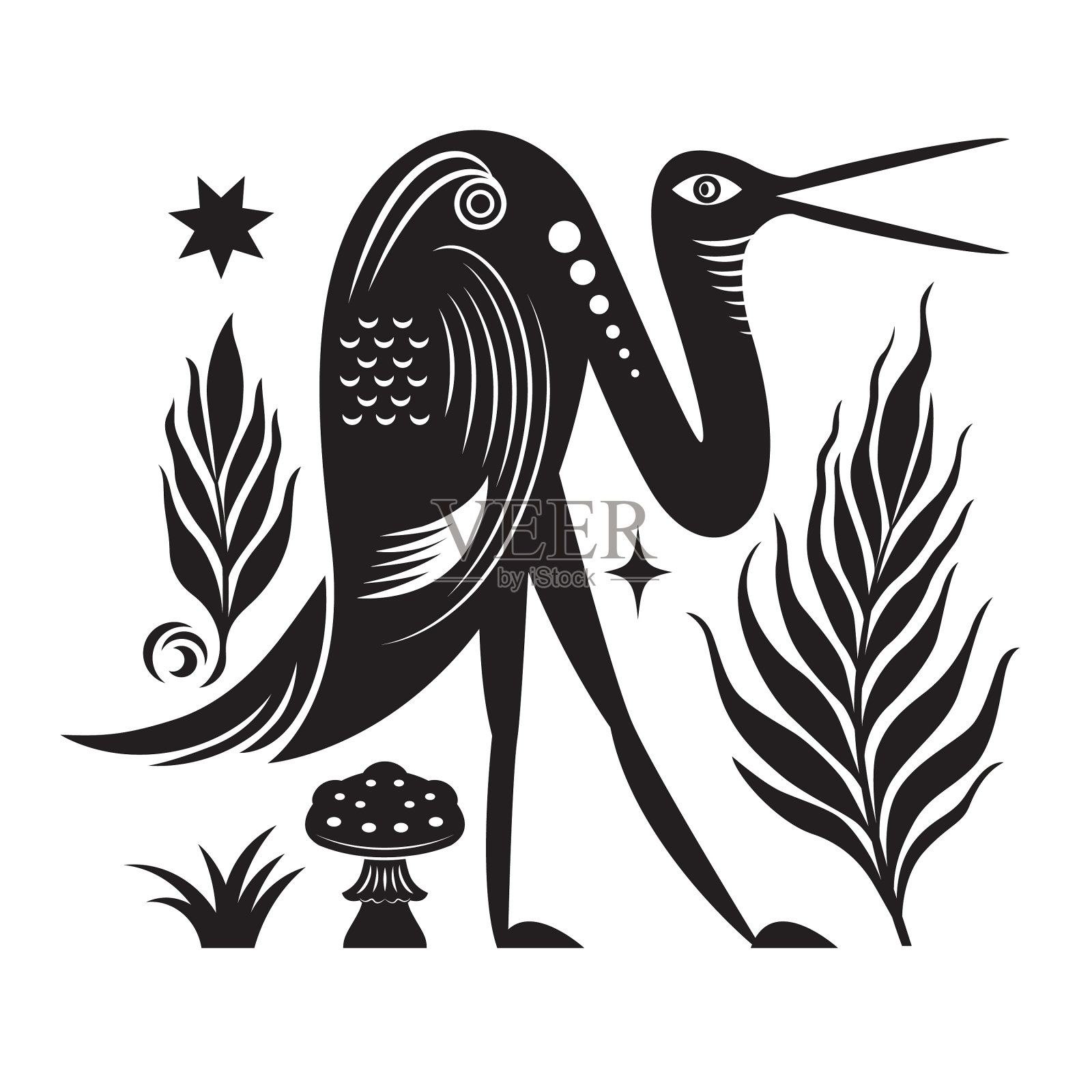 矢量黑白插图的小说鸟,鹤,神话的主题插图插画图片素材