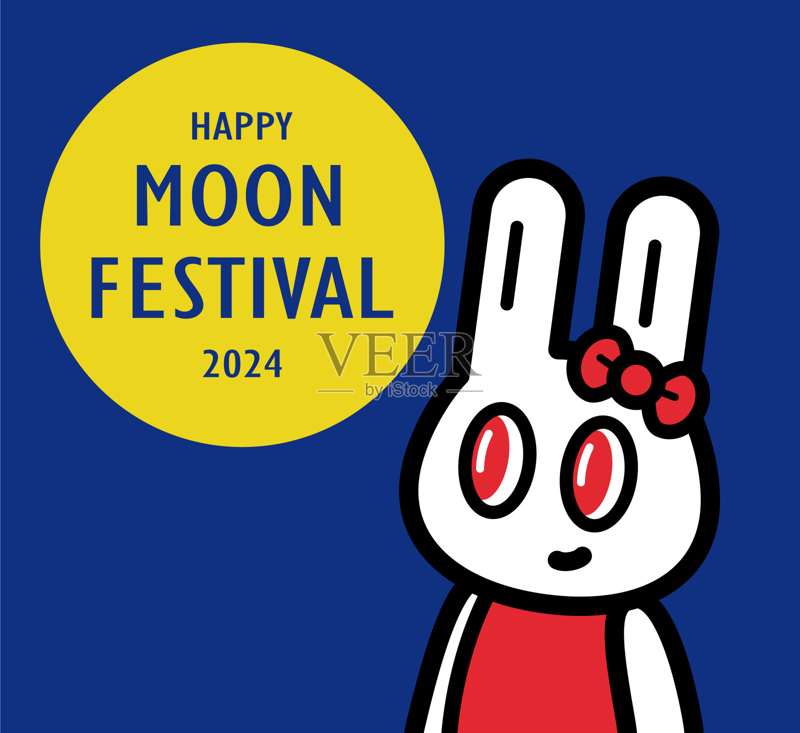 一只可爱的女兔子,扎着发结,穿着红色的连衣裙,微笑着看着满月,嘴里说着中秋祝福的话插画图片素材