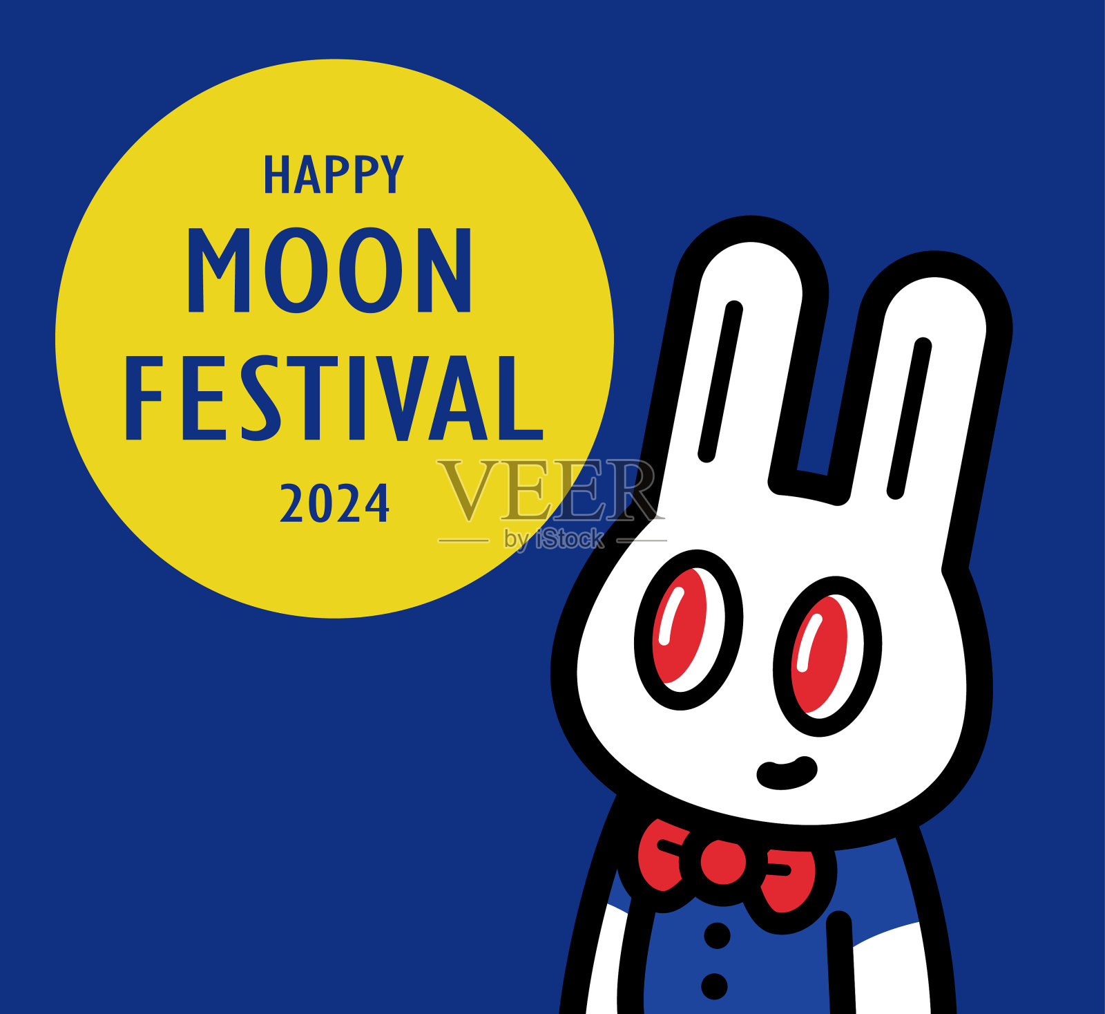 一只可爱的小兔子系着红色的领结,微笑着望着满月,嘴里说着中秋祝福的话插画图片素材