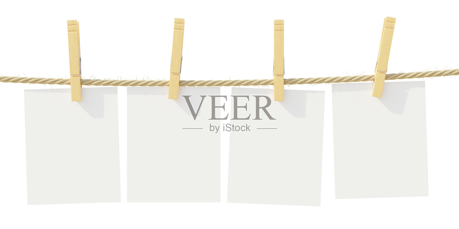 晾衣绳上的空便条纸隔离在白色,透明,3d渲染照片摄影图片