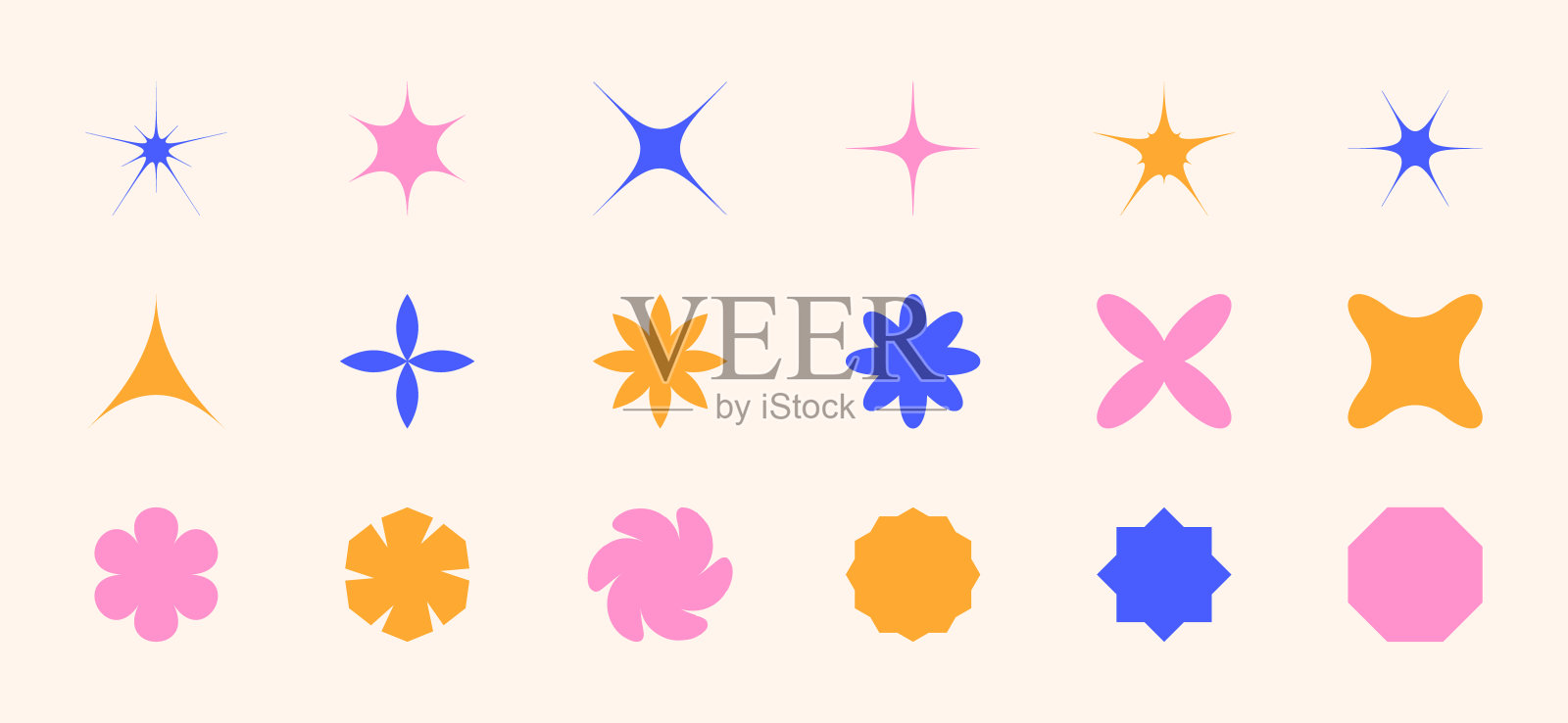 设置抽象的形状-星,花,火花。时尚的Y2K复古徽章。贴纸标签。设计元素插画图片素材