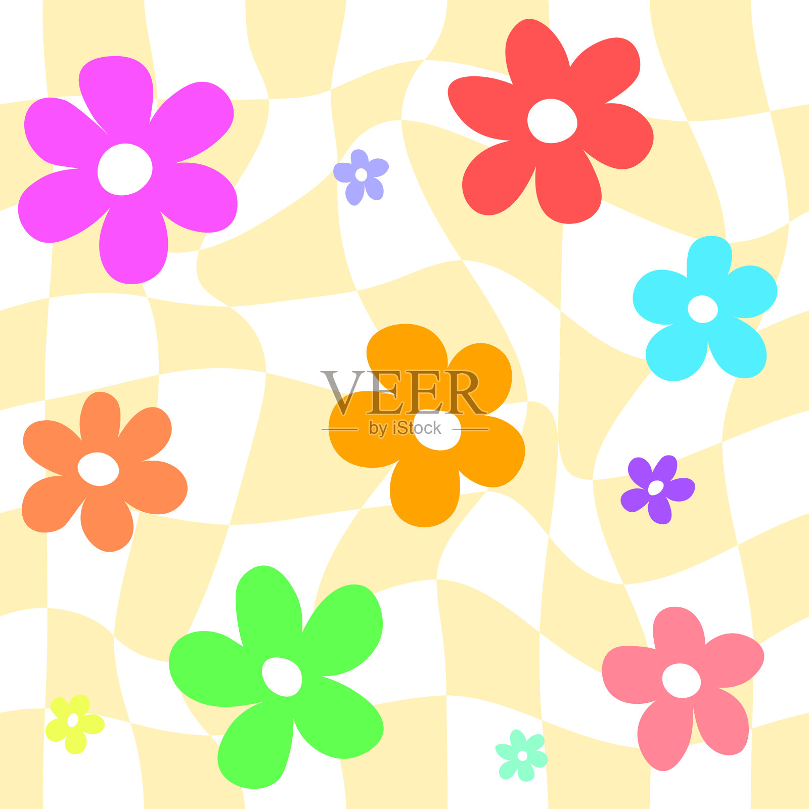 简单的重复图案明亮的手绘天真的花朵在一个弯曲的棋盘手绘插画图片素材