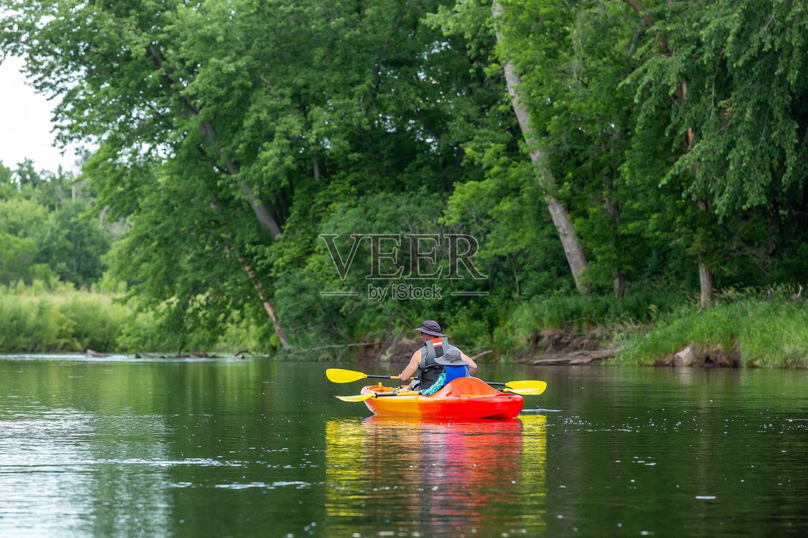 夏夜父子划皮艇照片摄影图片