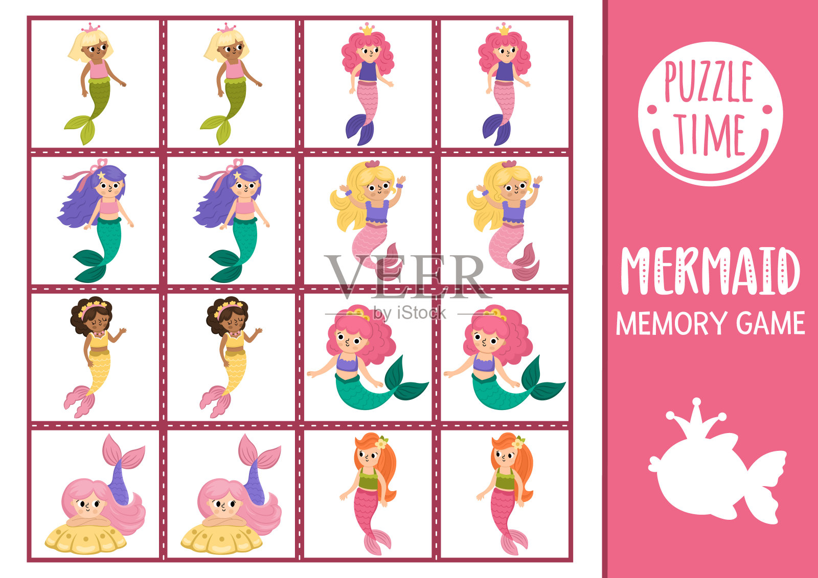 矢量美人鱼记忆游戏卡与可爱的海公主。海洋王国配对活动。记住并找出正确的卡片。简单的海洋童话可打印的儿童工作表插画图片素材
