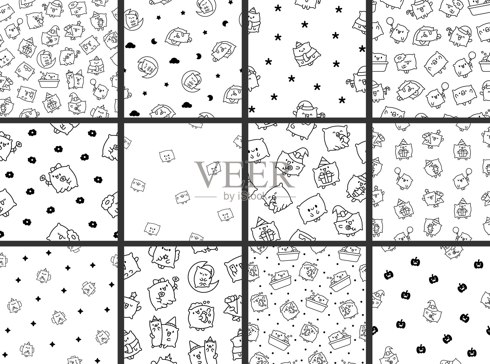 可爱有趣的枕头和笑脸。无缝模式。着色页面。卡哇伊卡通人物。手绘风格。矢量图。收集设计饰品。插画图片素材