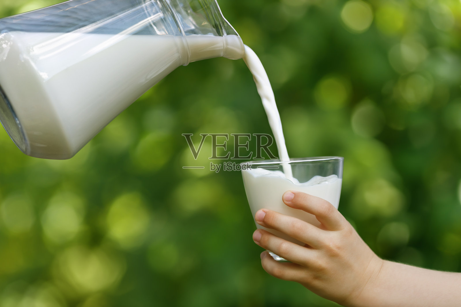 孩子的手拿着玻璃杯,牛奶从罐子里倒出来,背景是绿色的花园照片摄影图片