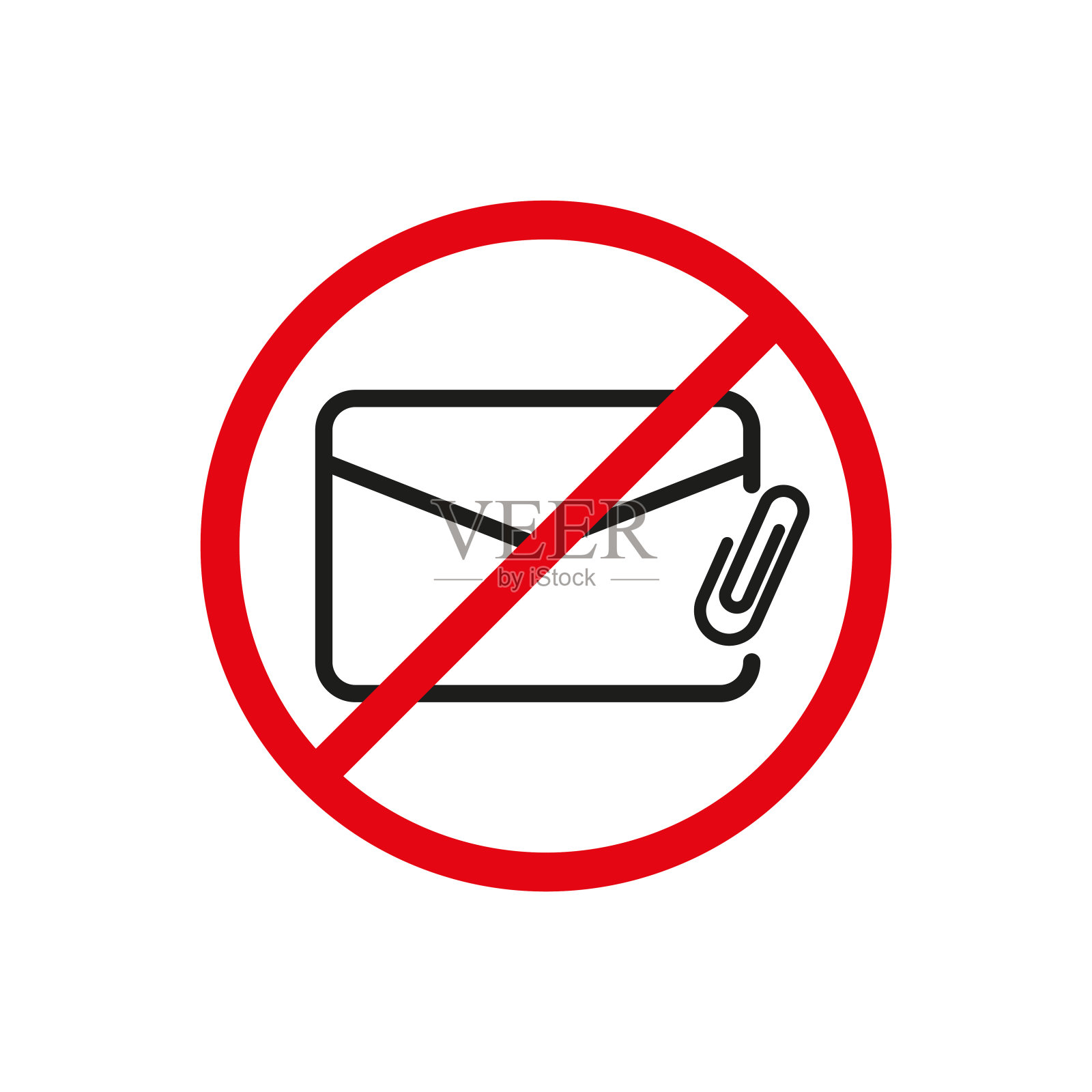 没有电子邮件附件图标。红色禁酒标志。带夹子的信封。矢量插图。插画图片素材