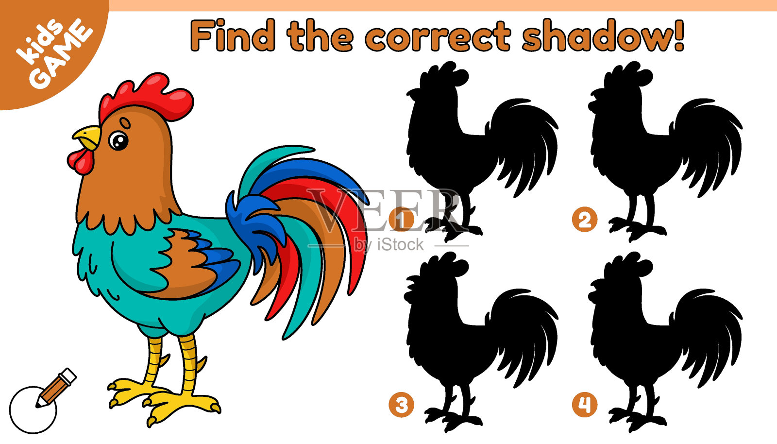 找到农场公鸡的正确影子插画图片素材
