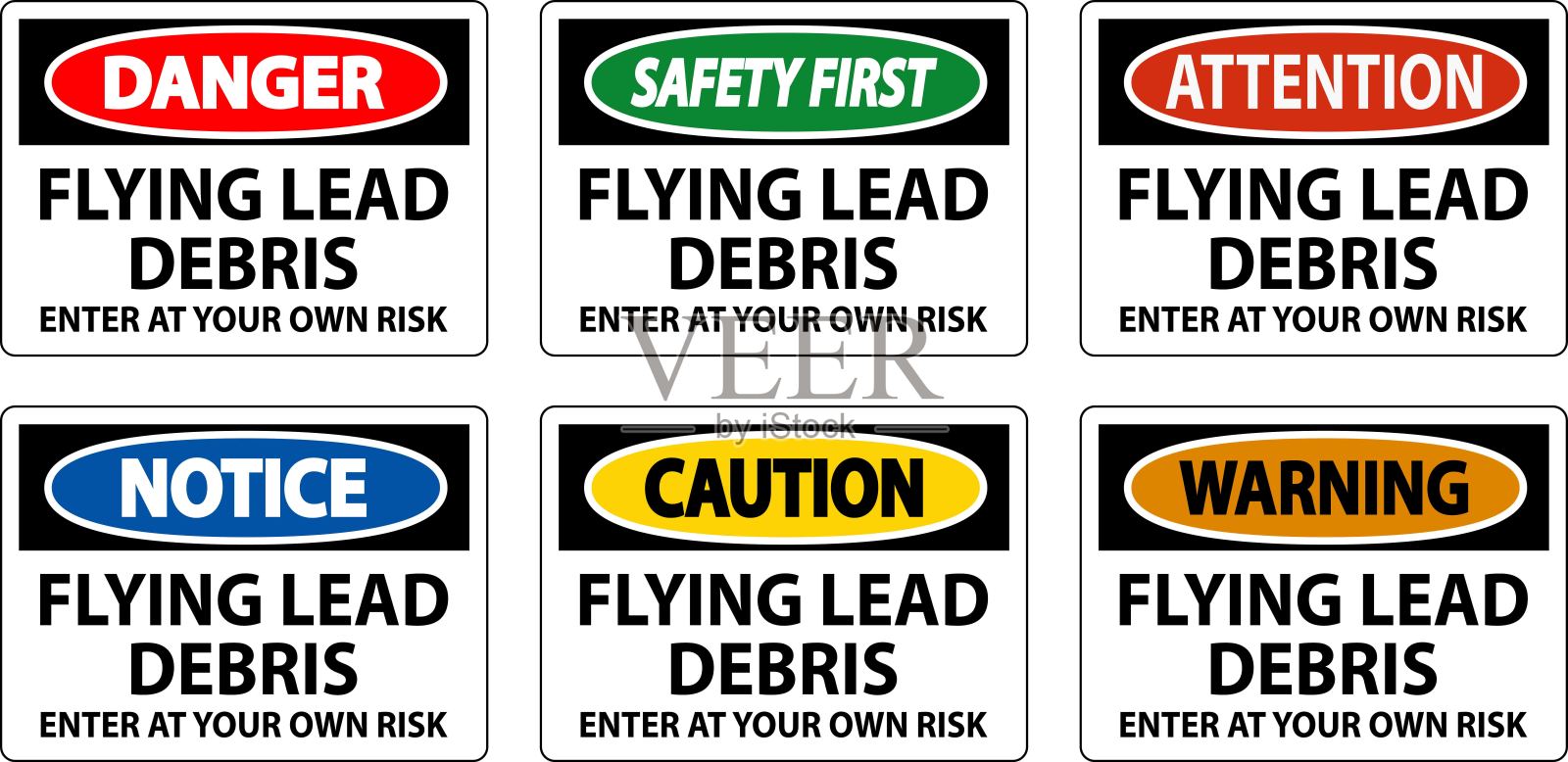 警告标志,警告飞行的铅碎片的危险,表明进入风险自担风险。插画图片素材