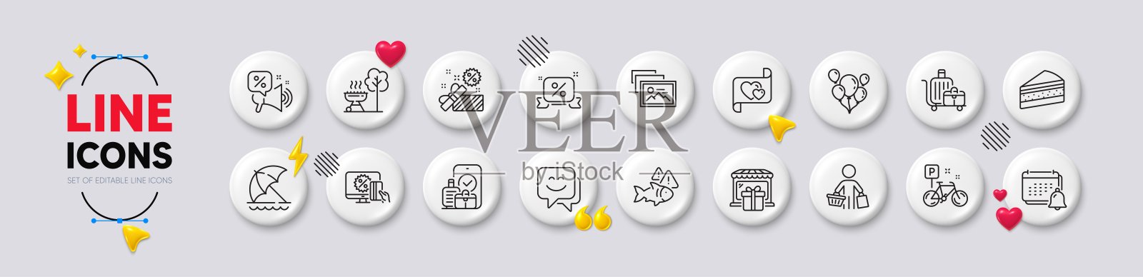 笑脸,随身行李和折扣丝带线图标。对于web应用程序,打印。白色按钮3d图标。向量插画图片素材