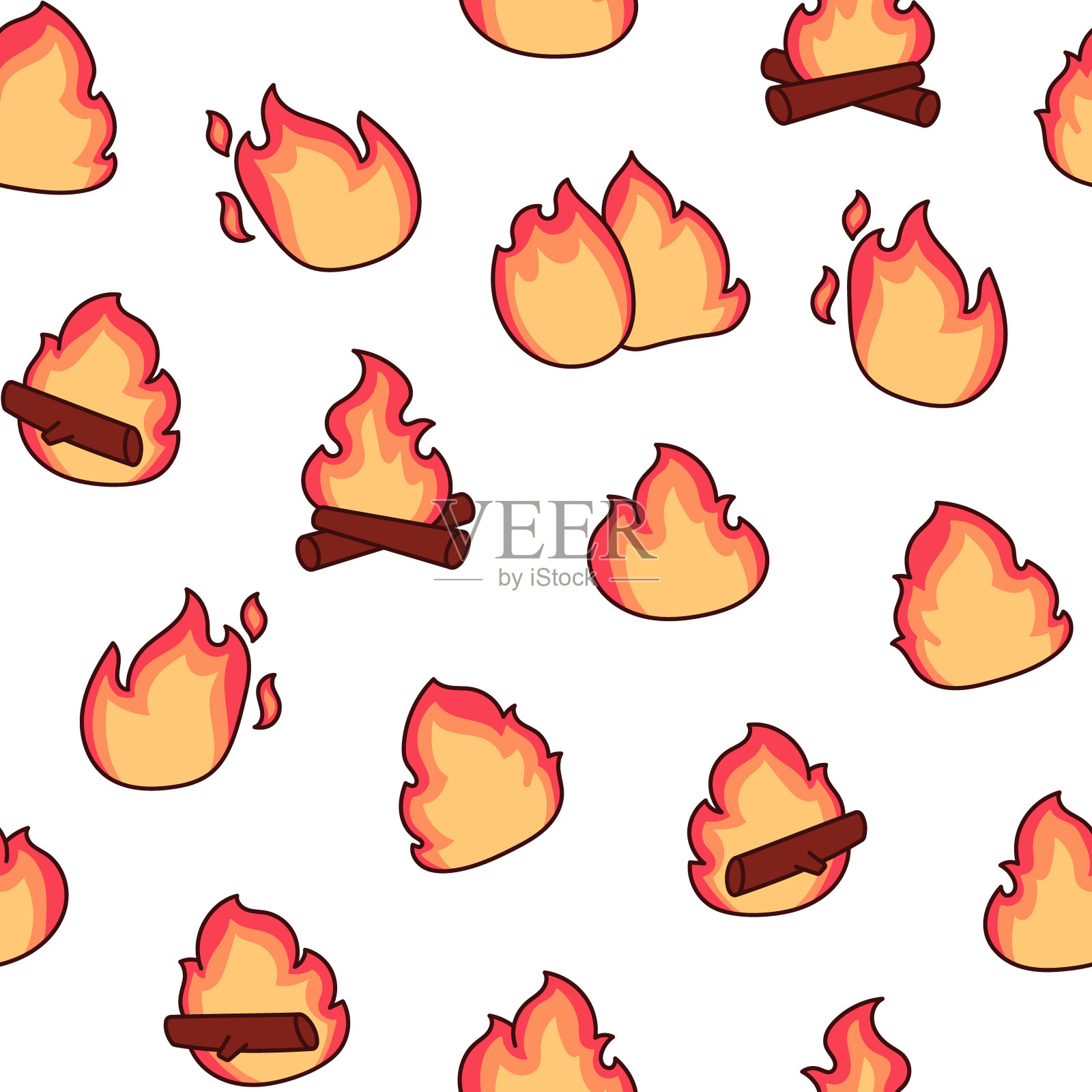 火的火焰。无缝模式。篝火熊熊燃烧。手绘风格。矢量图。设计的饰品。插画图片素材