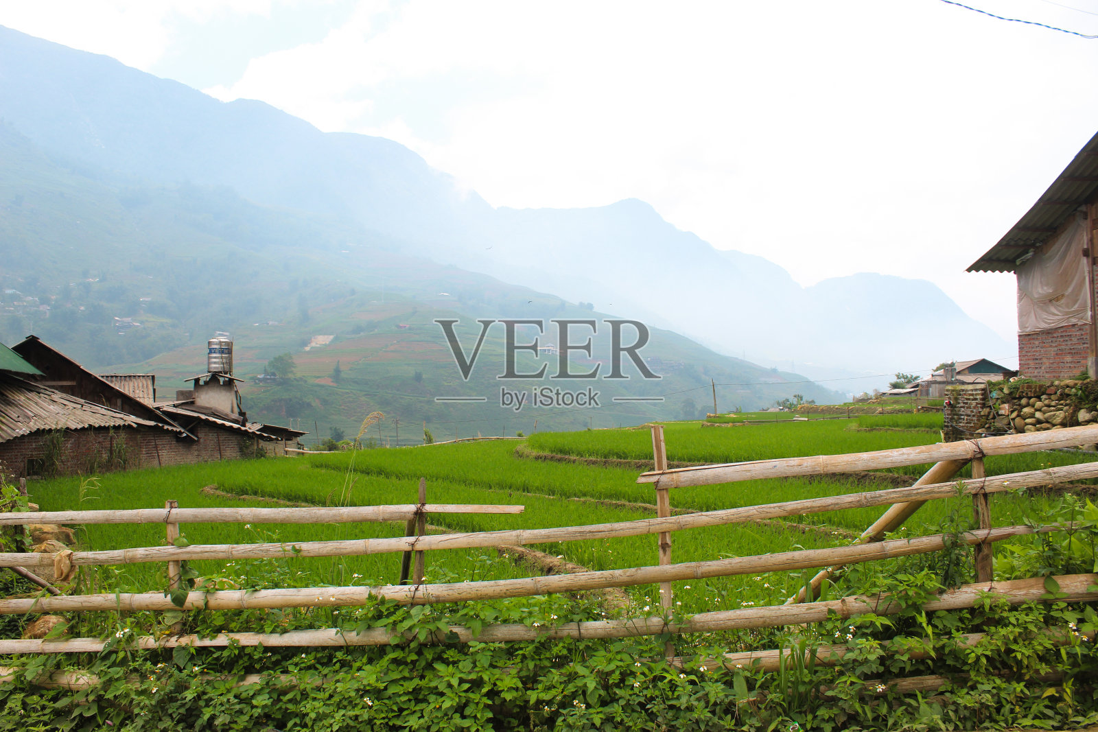 在越南北部高山上,望见蒙华山谷稻田中的房屋照片摄影图片