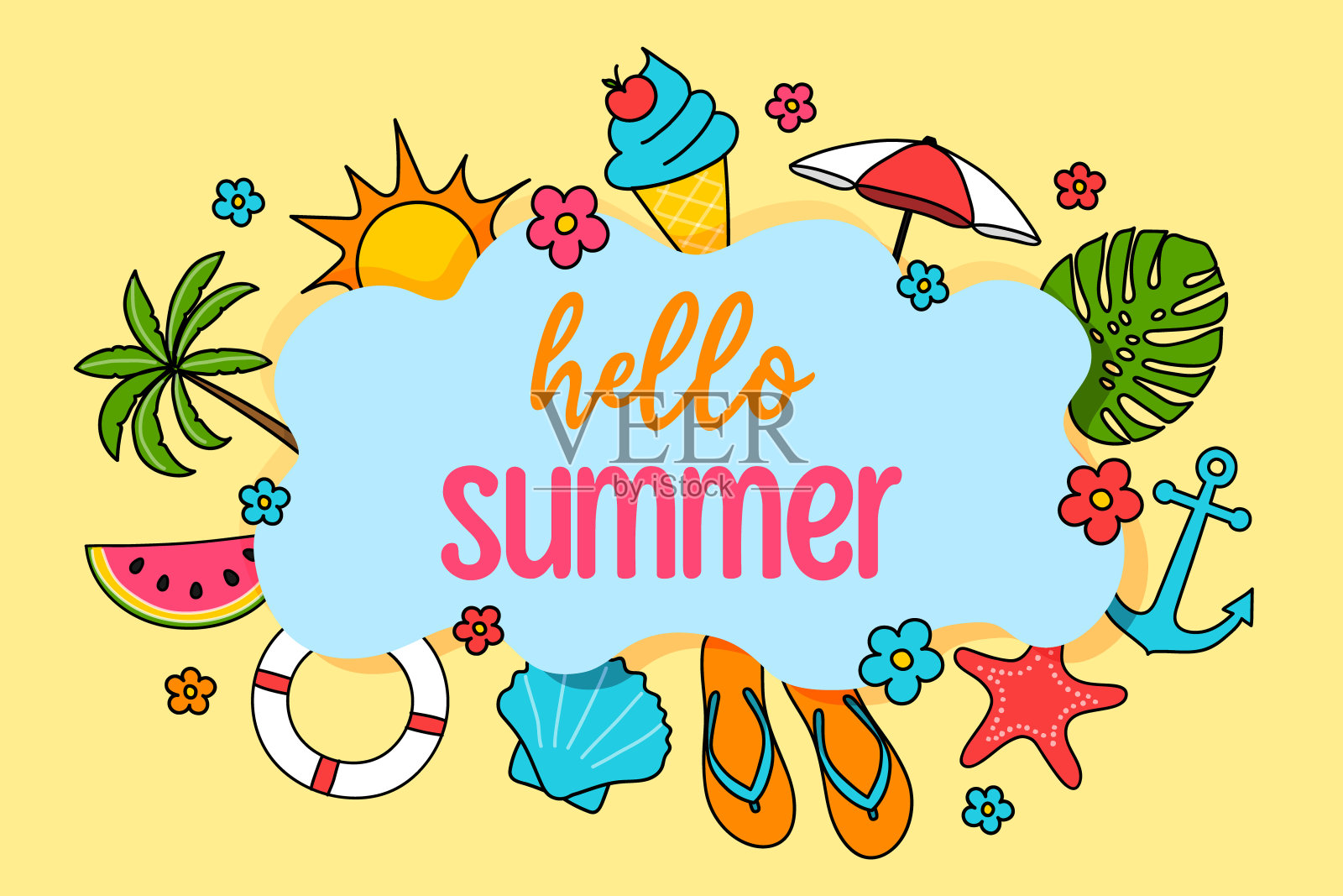 夏天的背景。设计一幅带有彩色节日符号的海报。矢量图插画图片素材