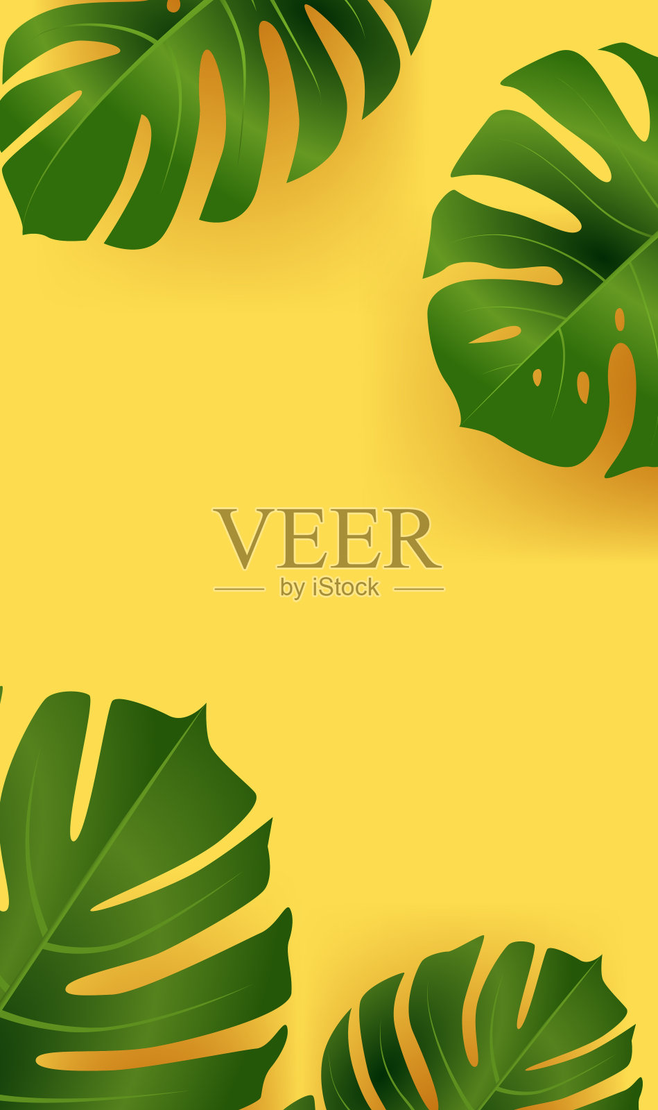 绿色怪物叶在黄色背景热带树叶植物设计插画图片素材