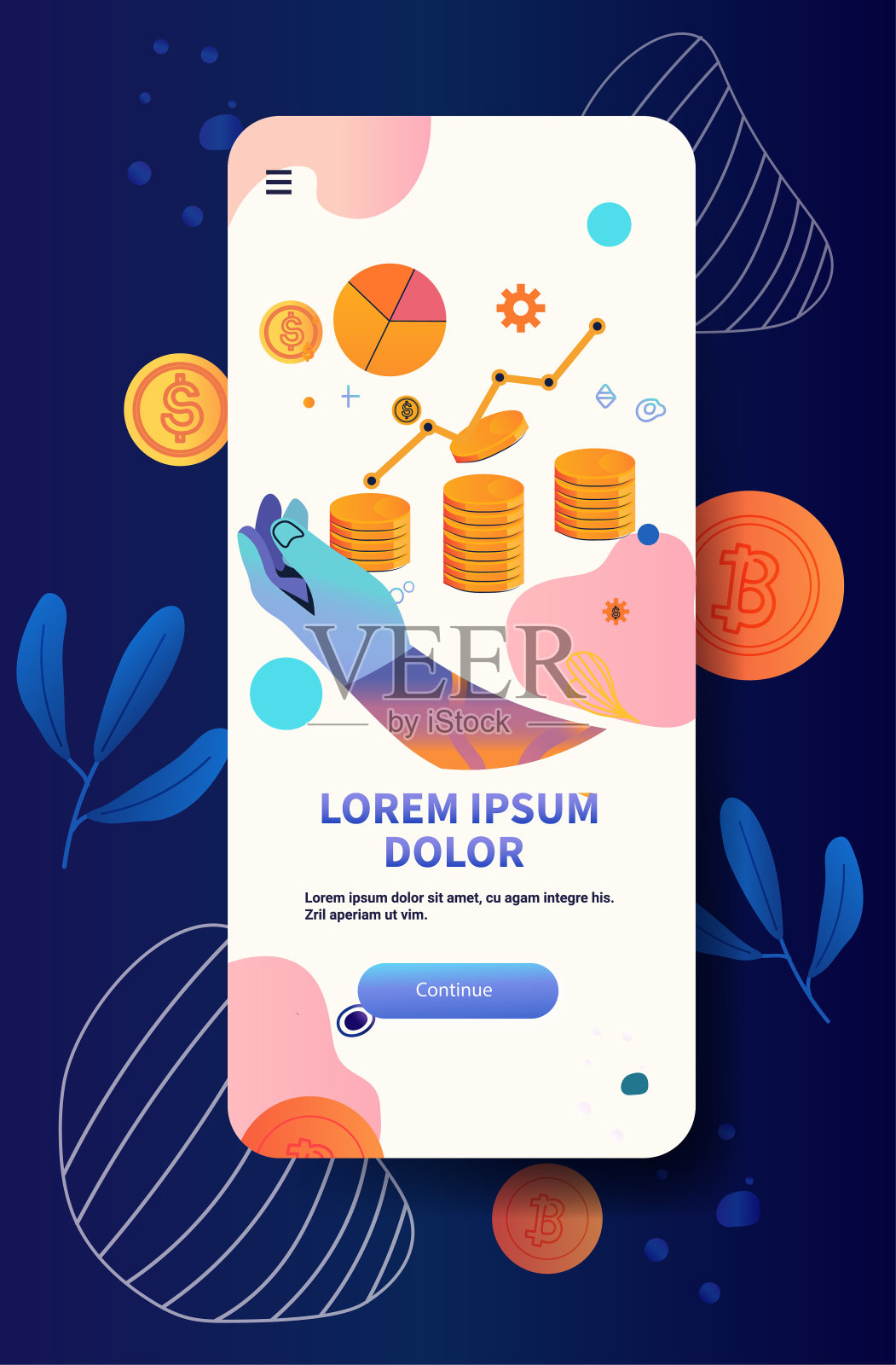 手机应用界面金融图币手彩色现代设计加密货币的商业理念插画图片素材