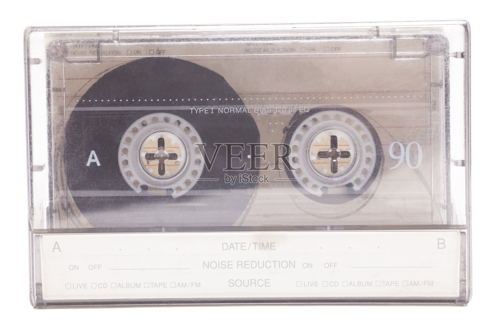 近距离的复古音频磁带,侧面A,隔离在白色背景上,复古的80年代的音乐概念。照片摄影图片