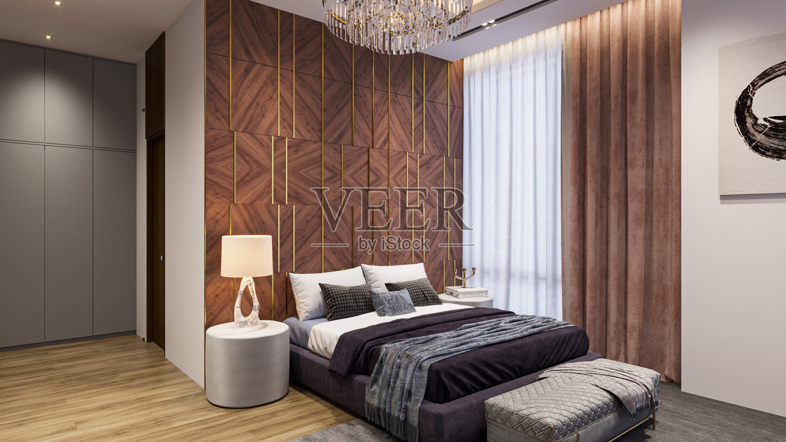 在你的卧室墙壁和卧室家具中结合奢华与现代的艺术照片摄影图片
