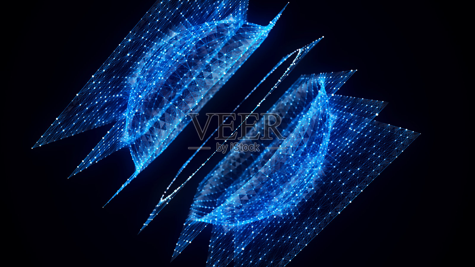 抽象的蓝色球体在黑色的背景。线框圆形结构与发光的粒子和线条。未来的数字插图。3 d渲染。照片摄影图片