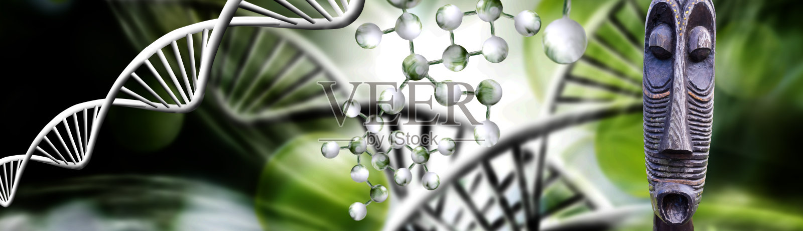 在螺旋DNA和分子结构中雕刻的木制面具照片摄影图片