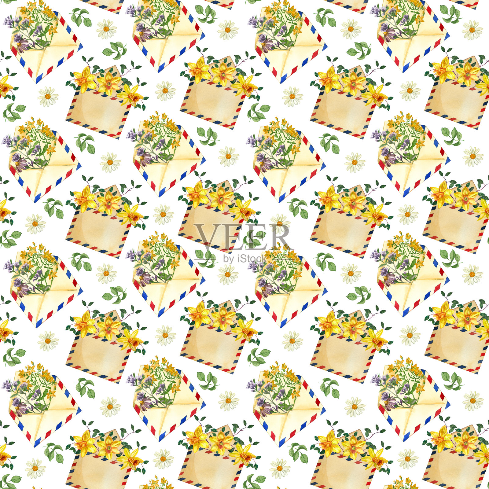 邮政信封与鲜花,水仙花,草地草,洋甘菊,绿叶在黑色的背景。无缝模式。所有项目都是手绘水彩画。适用于织物、纸张上印刷插画图片素材