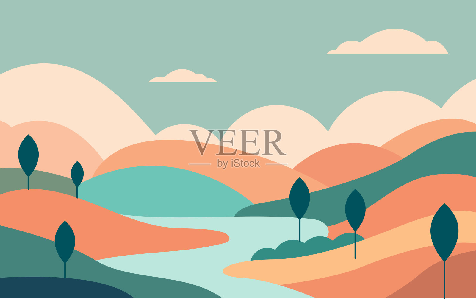 风景秀丽的丘陵和山谷的春天背景插图插画图片素材