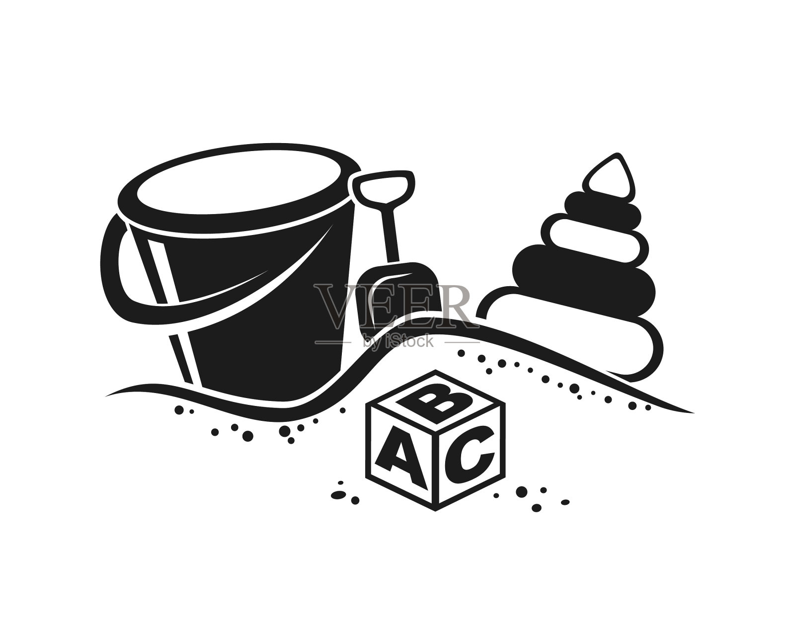 玩具在沙盒,桶与手柄,铲子,孩子金字塔和ABC立方体在沙-剪出矢量图标剪影插画图片素材