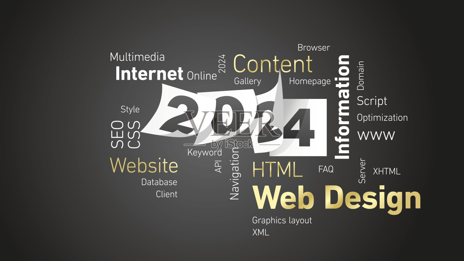 网页设计新的2024年闪闪发光的金色白色字云文本与白色日历2024页黑色的木板背景插画图片素材