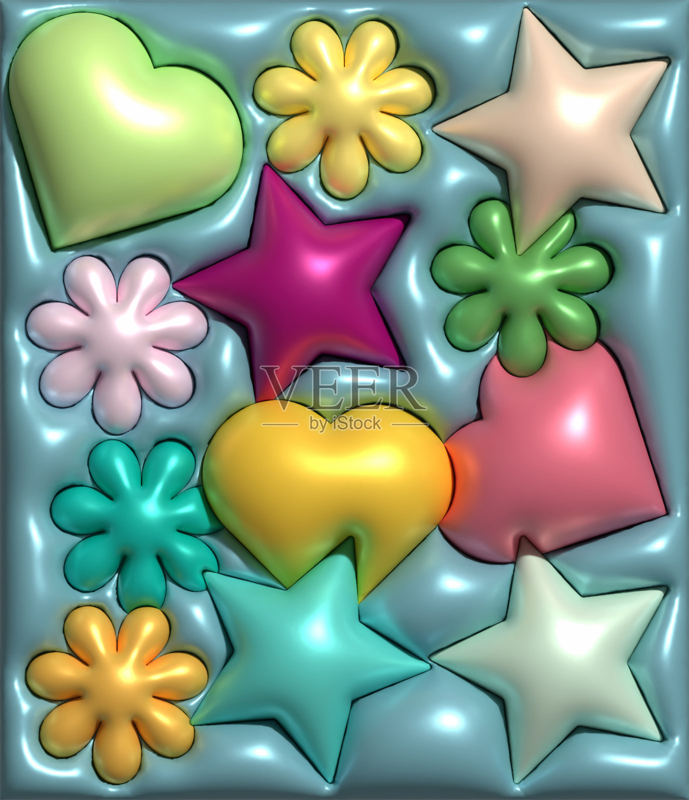 膨胀的星星,蓝色背景上的心,3D渲染图照片摄影图片