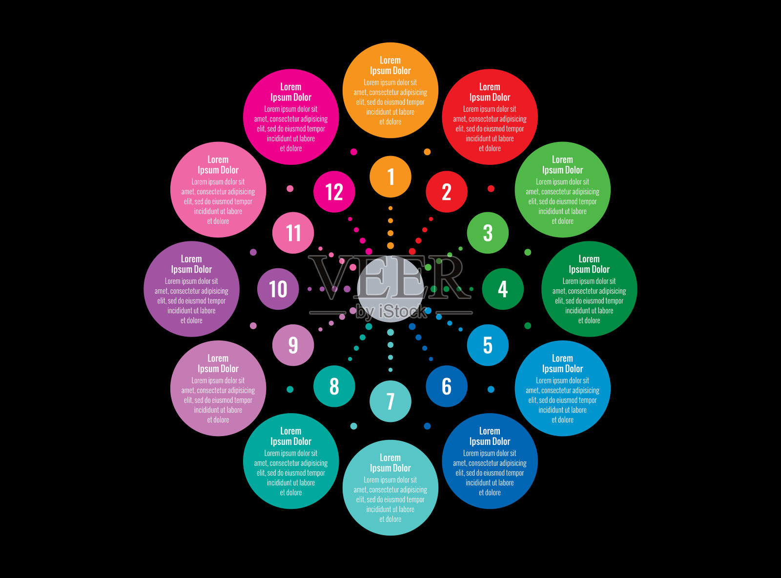 彩色圆圈信息图表模板。十二个选项的信息图模板。年度报告,互联网,商业,教育,杂志信息图表模板插画图片素材