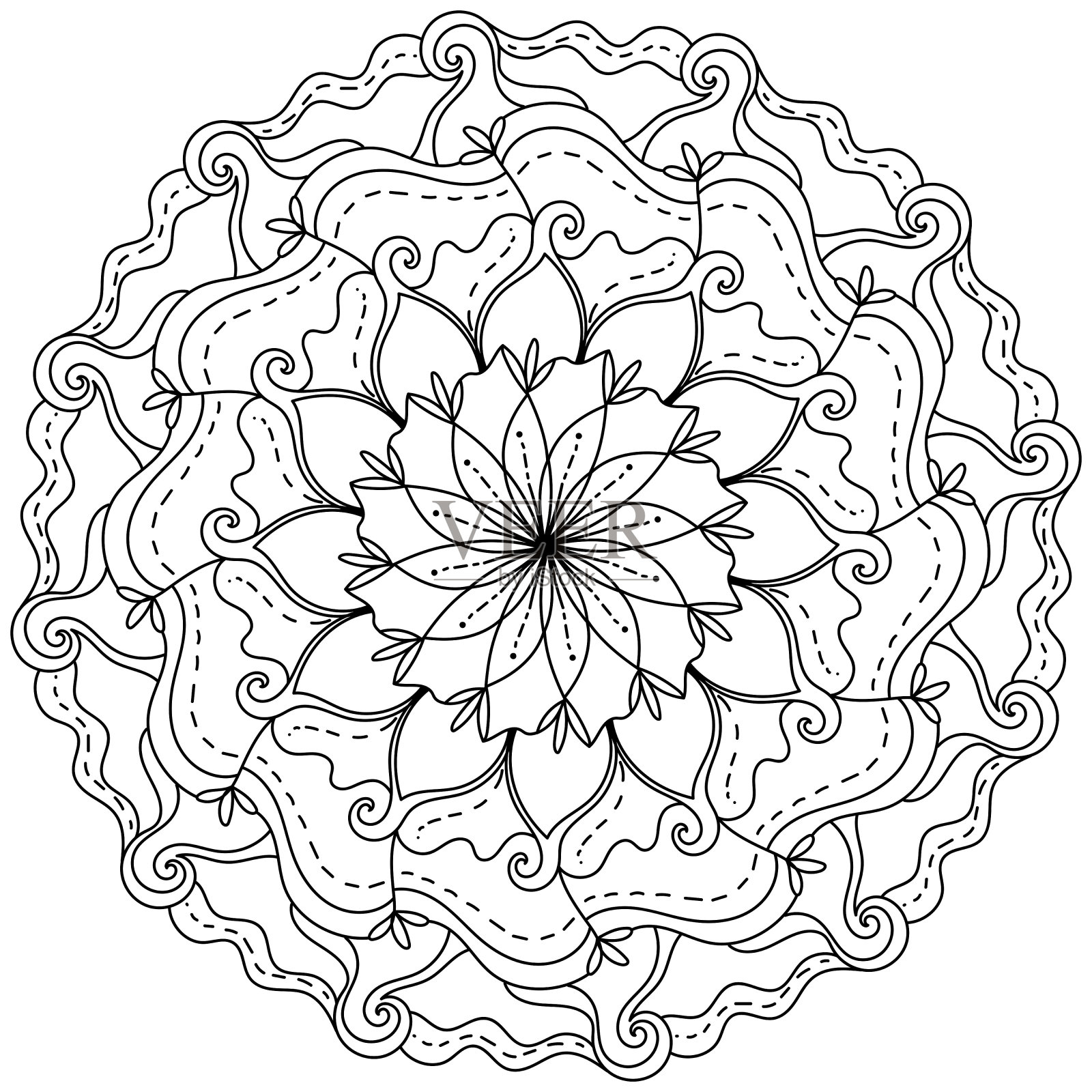 勾勒曼陀罗与花在中心和波浪,抽象涂鸦着色页活动插画图片素材
