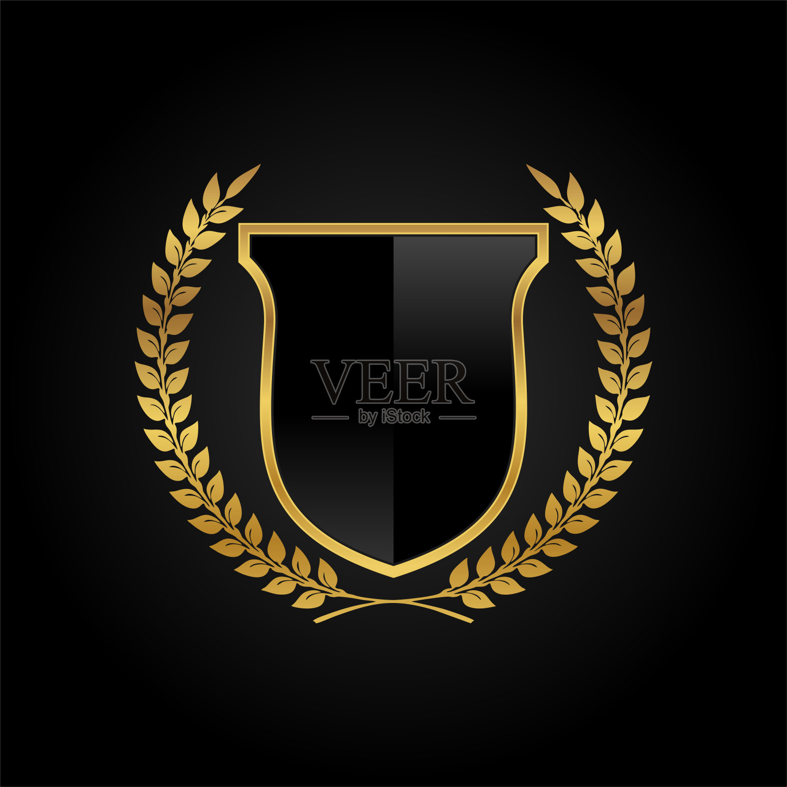 黑色玻璃盾牌与金色框架,金色月桂花环和金色丝带孤立在黑色背景。矢量设计元素插画图片素材