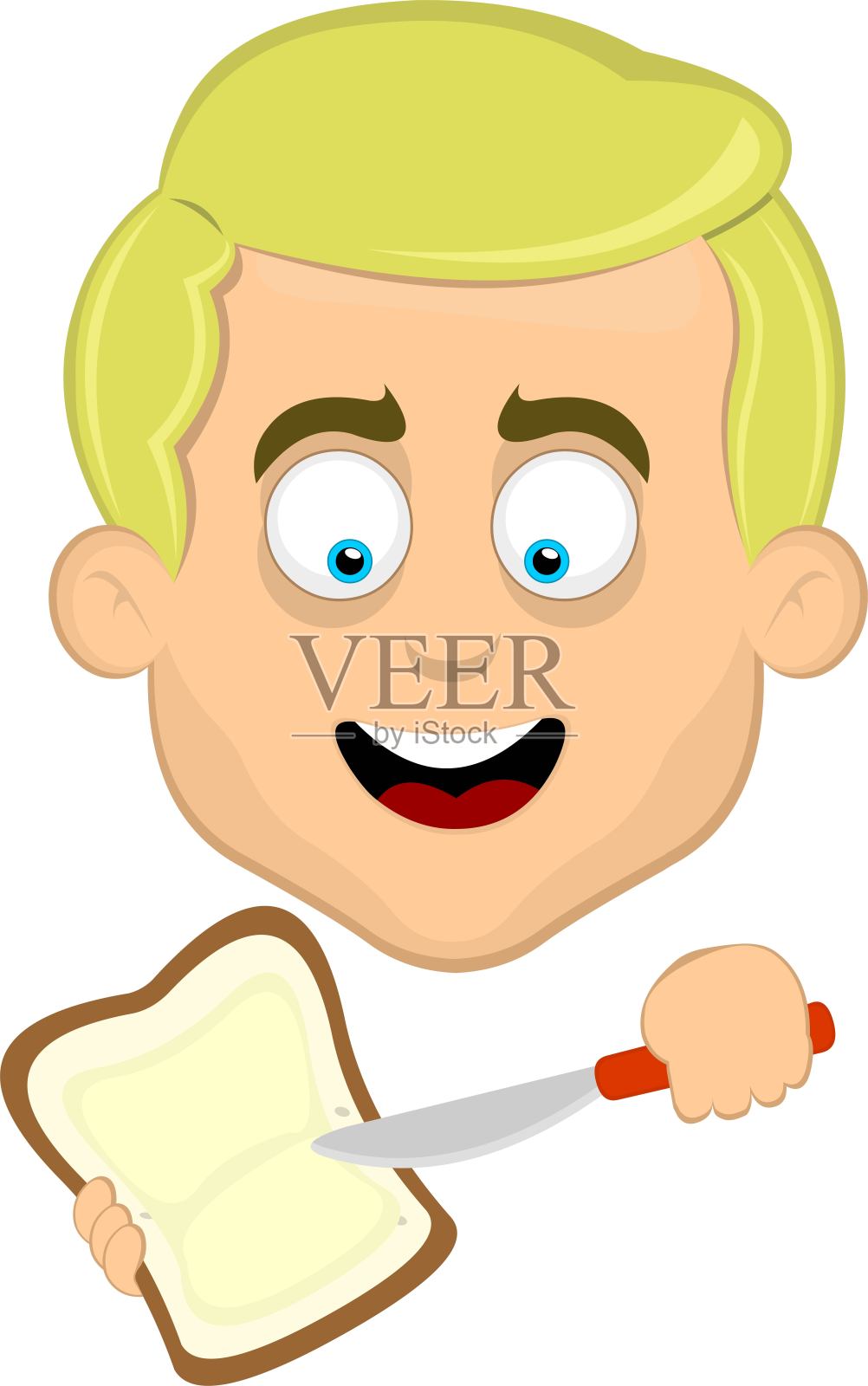 矢量插图头金发男子卡通涂抹人造黄油块面包插画图片素材