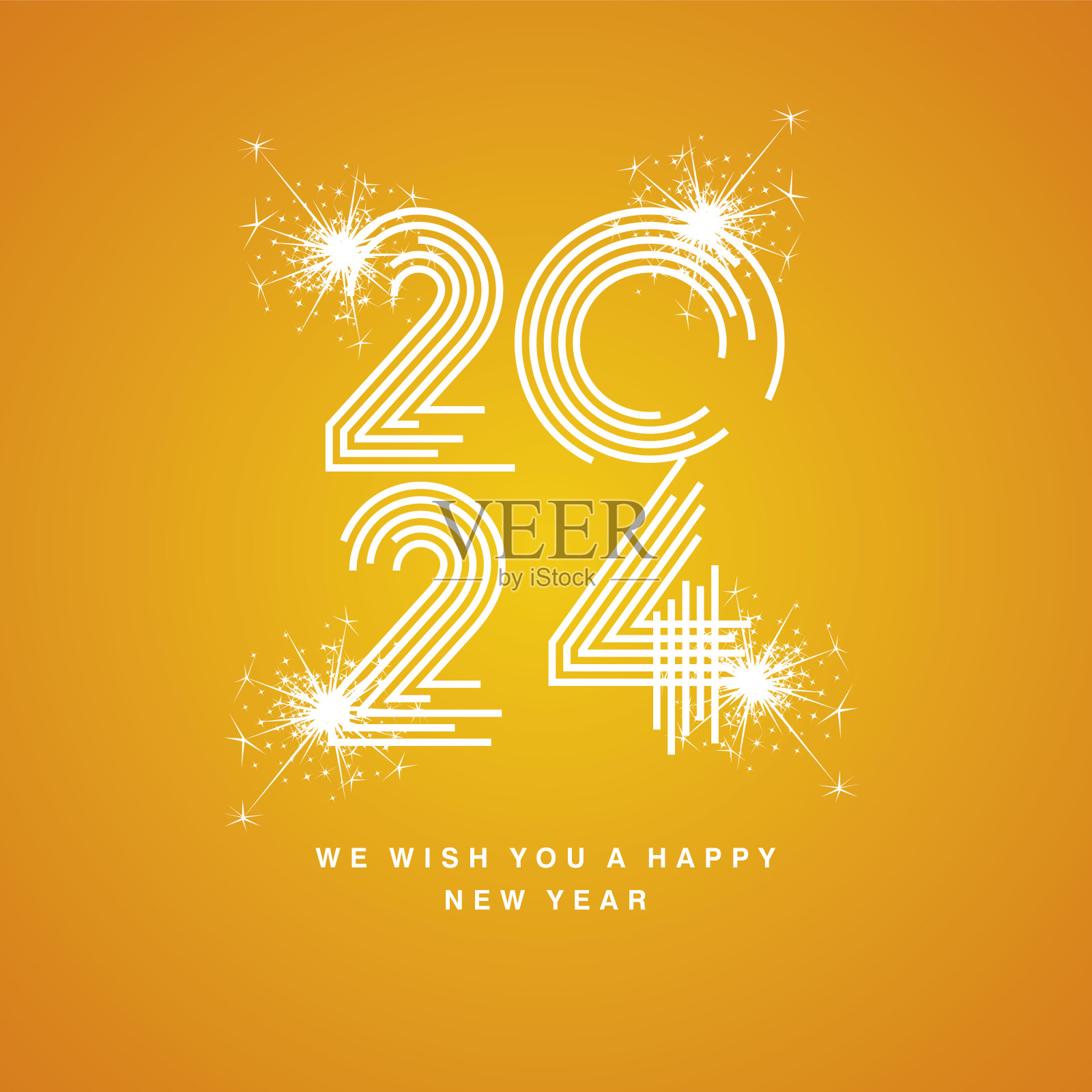 2024新年快乐现代新潮流白色流行线设计字体抽象数字白色火花烟花标志图标黄色橙色背景矢量插画图片素材
