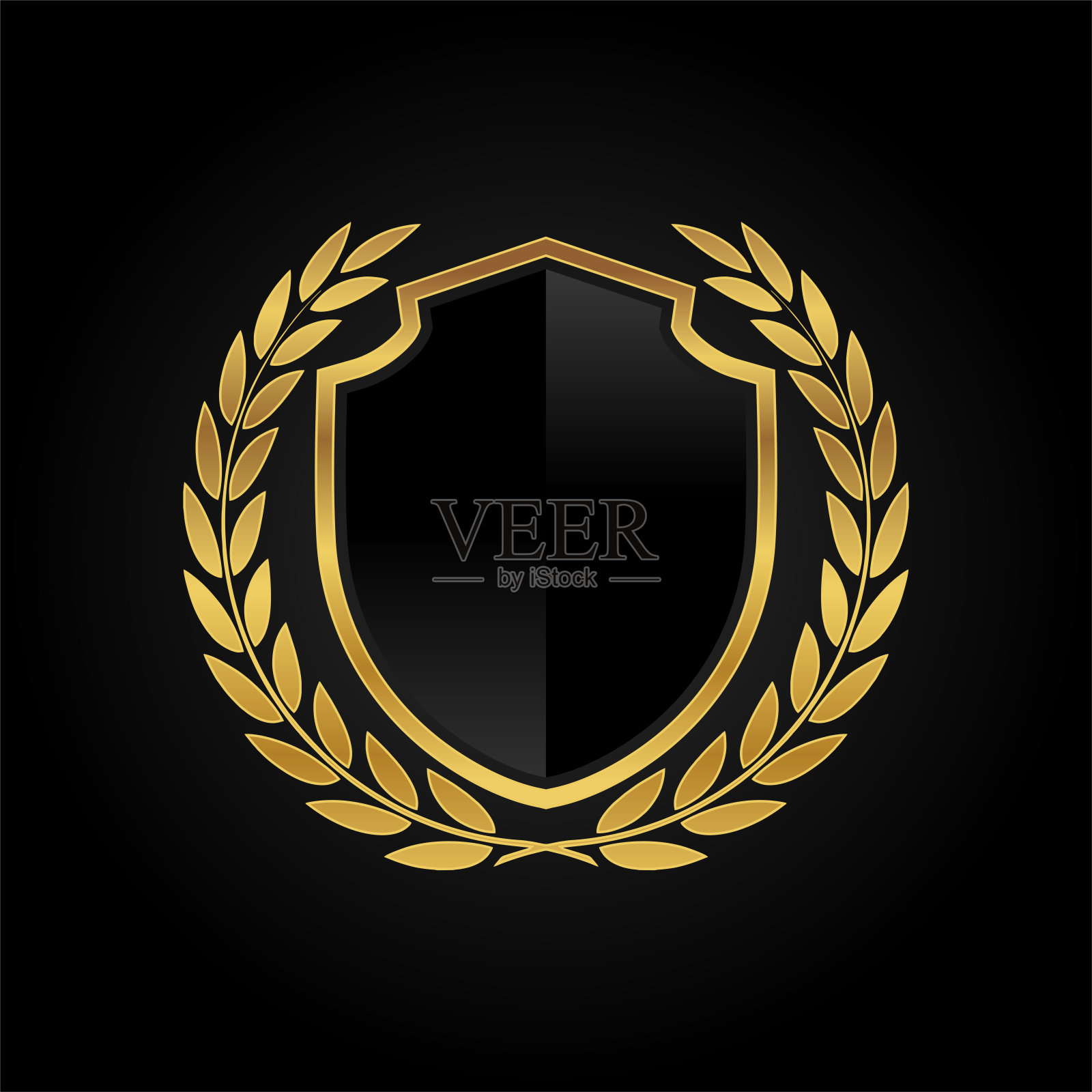 黑色玻璃盾牌与金色框架,金色月桂花环和金色丝带孤立在黑色背景。矢量设计元素插画图片素材