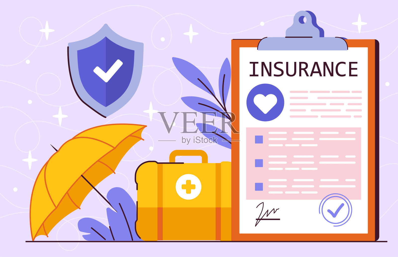 医疗保险概念。黄色雨伞和急救箱旁边的药品合同。医药、保健和治疗。平面矢量图插画图片素材