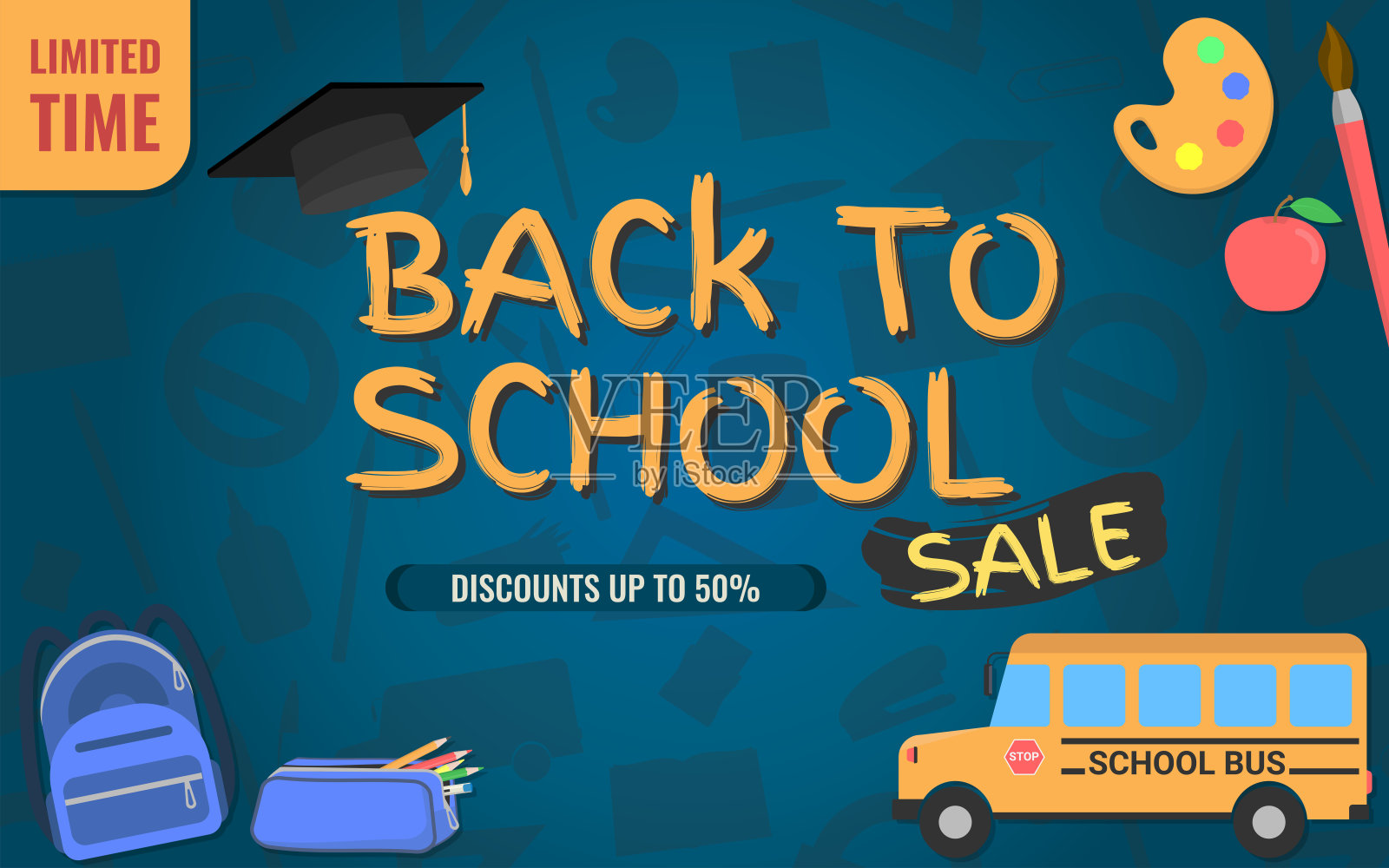 返校销售-学校项目周围的标志与毕业帽在蓝色学校项目剪影背景。矩形形状。插画图片素材