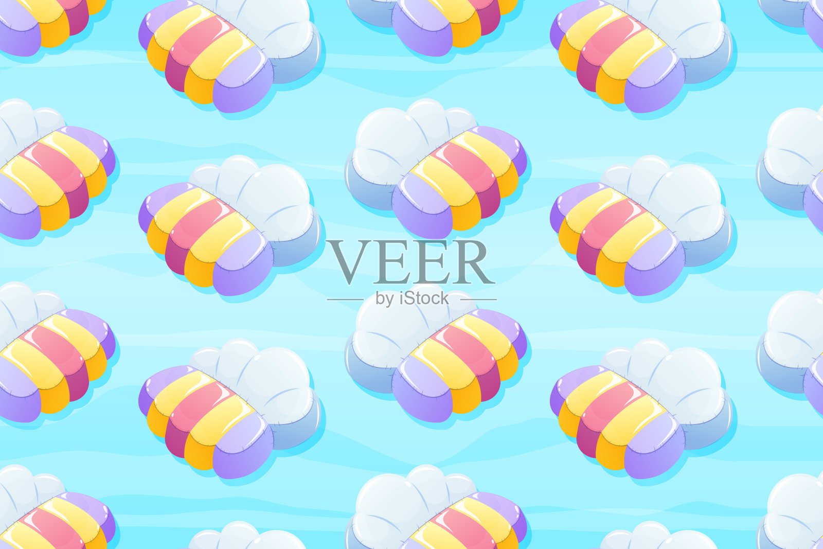 矢量无缝卡通图案的儿童充气游泳床垫的形状与彩虹的云。插画图片素材