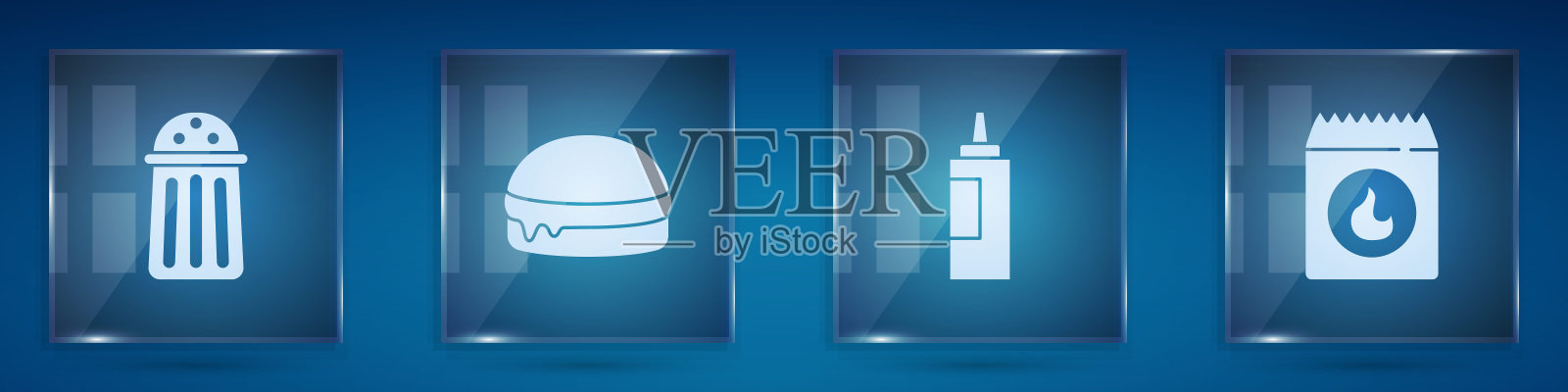 准备好盐,汉堡,酱汁瓶和烧烤煤袋。方形玻璃板。向量插画图片素材