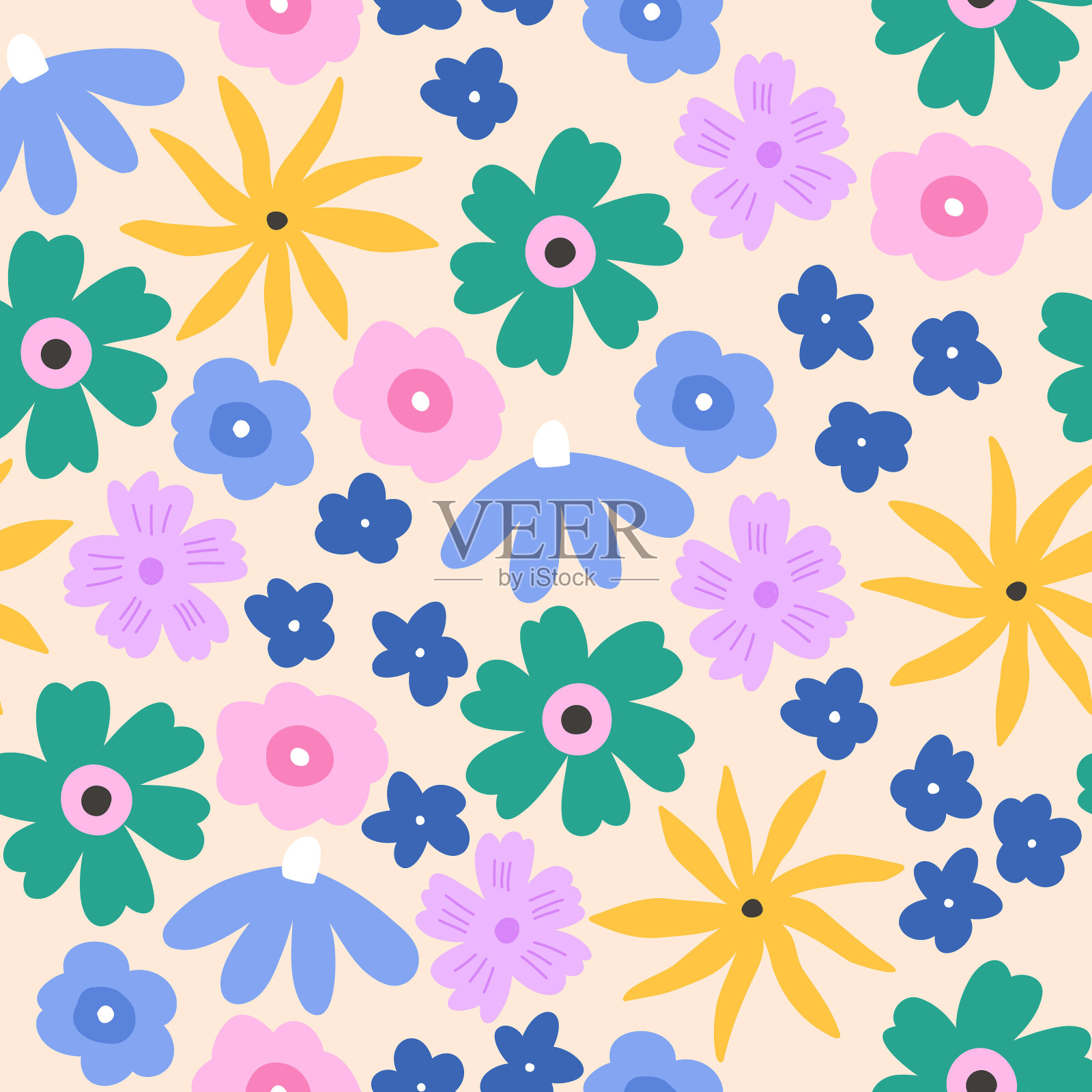 彩色花卉无缝图案,卡通平面矢量插图米色背景。插画图片素材