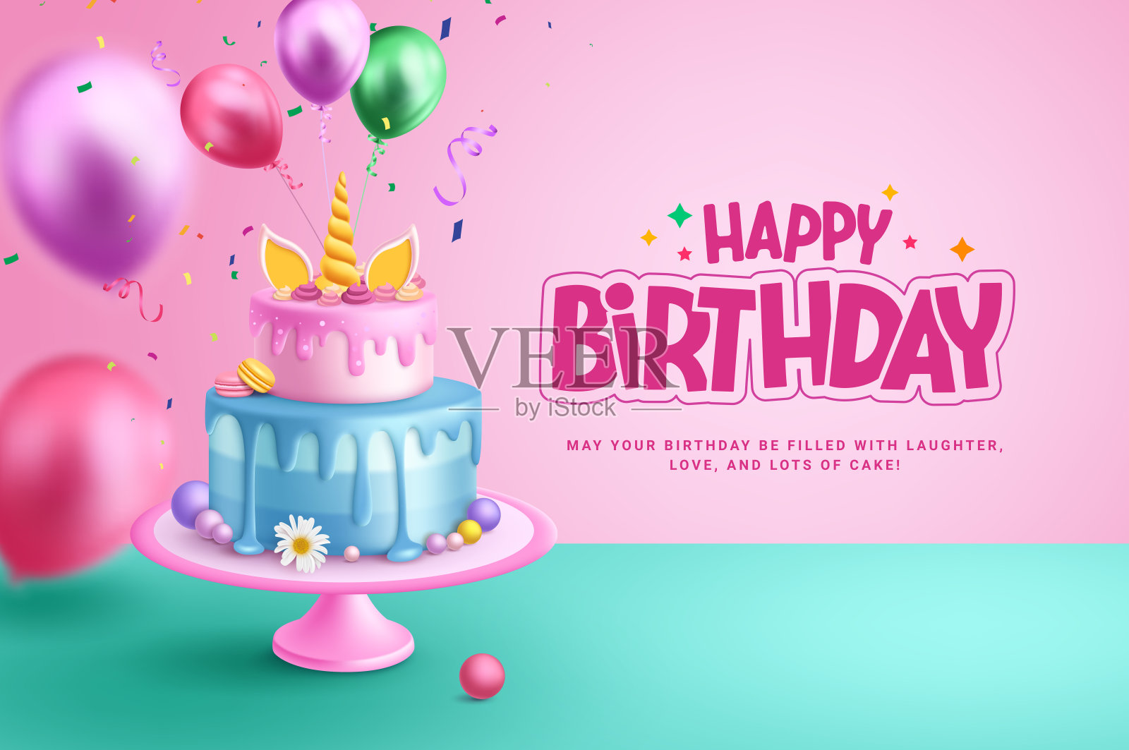 生日快乐问候矢量设计。生日草莓和蓝莓独角兽蛋糕和气球装饰元素插画图片素材