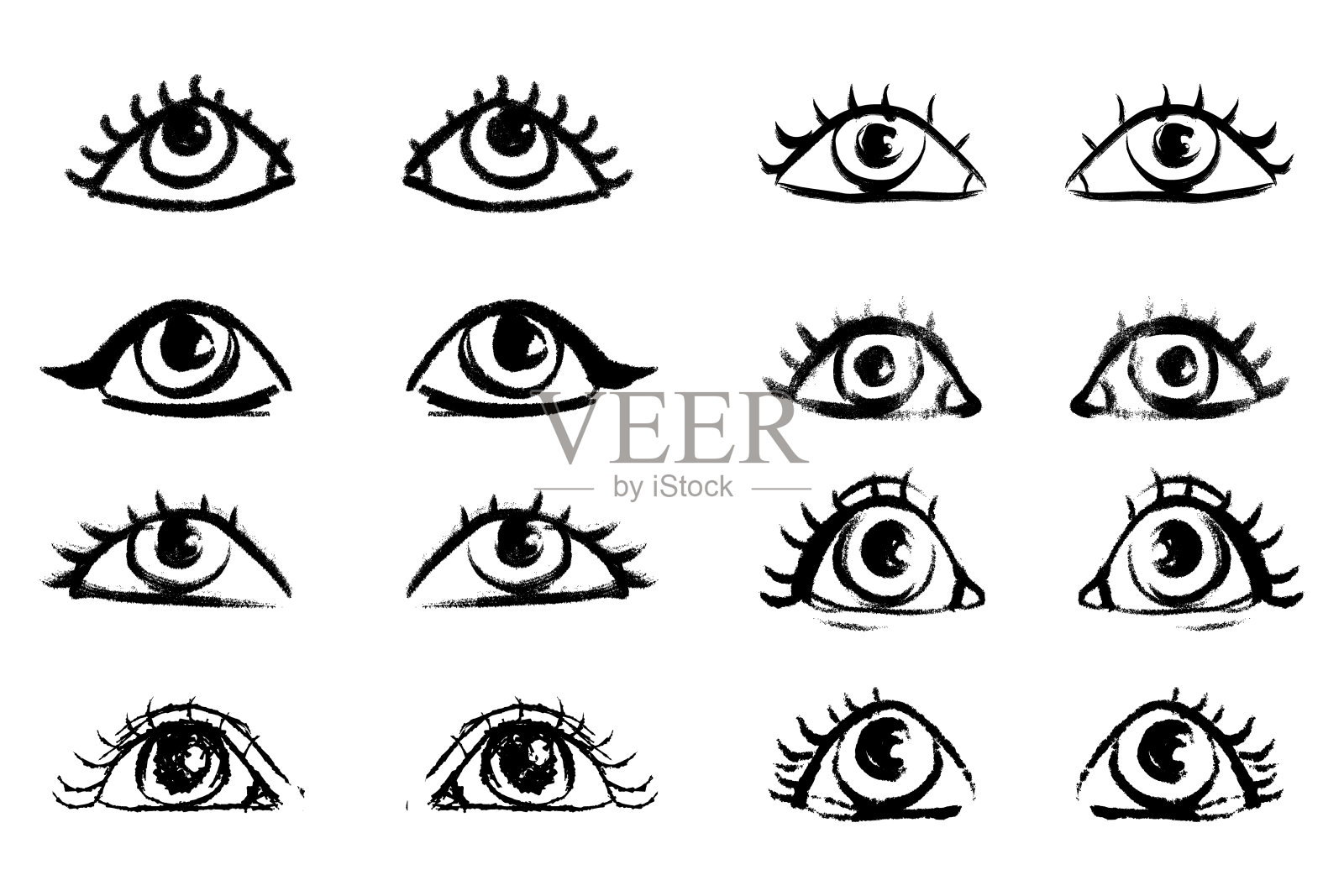 手绘眼睛设定在卡通涂鸦风格。手刷眼睛黑色墨水眼睛在白色的背景插画图片素材