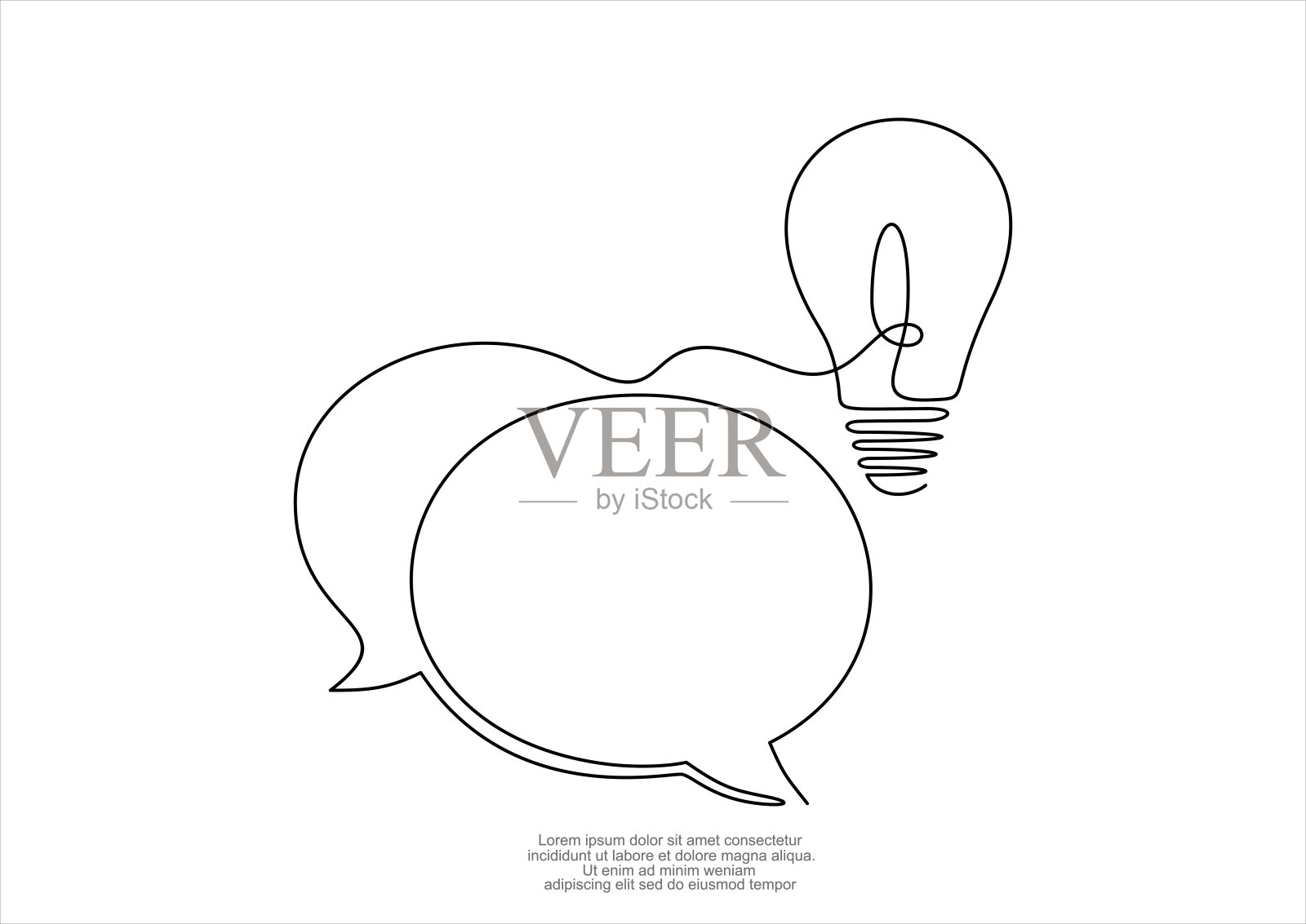 用灯泡连续画出语音气泡。创意和帮助对话框架概念在简单的线性风格。头脑风暴和信息信息符号。插画图片素材