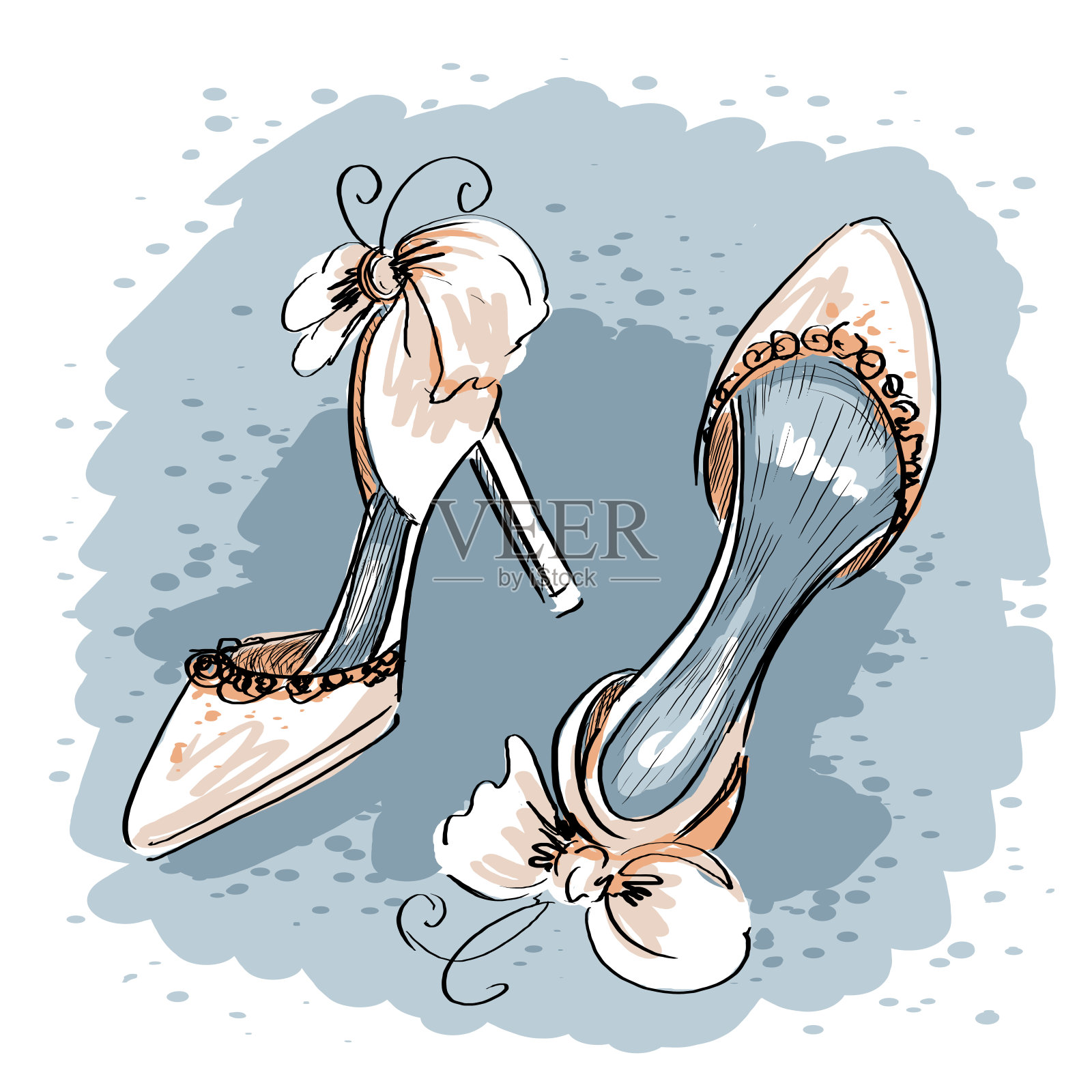 新娘的鞋子以蓝色为背景。孤立的手绘插图插画图片素材
