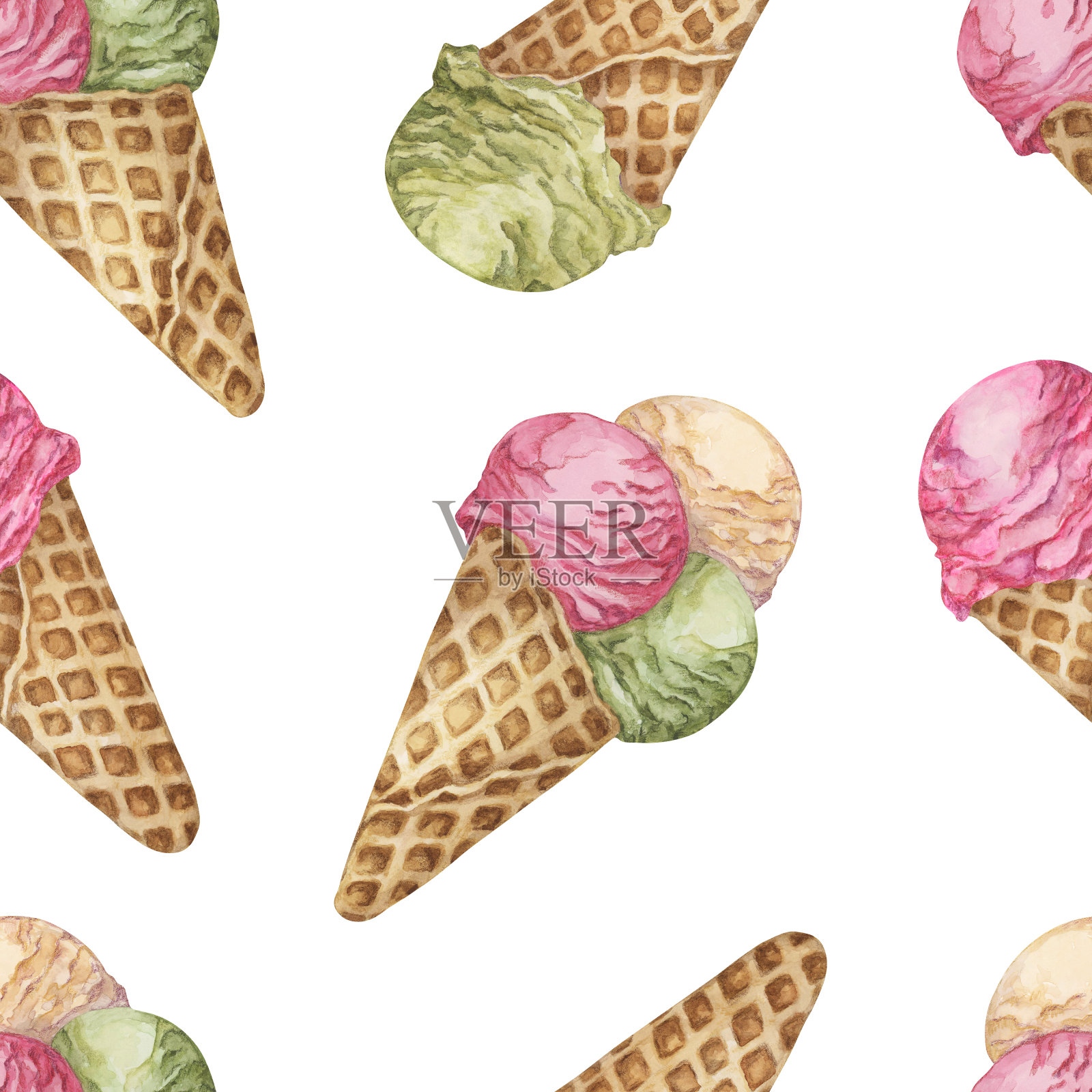 华夫蛋筒里的冰淇淋是无缝的。绿色,粉色,奶油色的剪贴画。用于纺织品、墙纸、冰淇淋店设计的甜品印花,插画图片素材