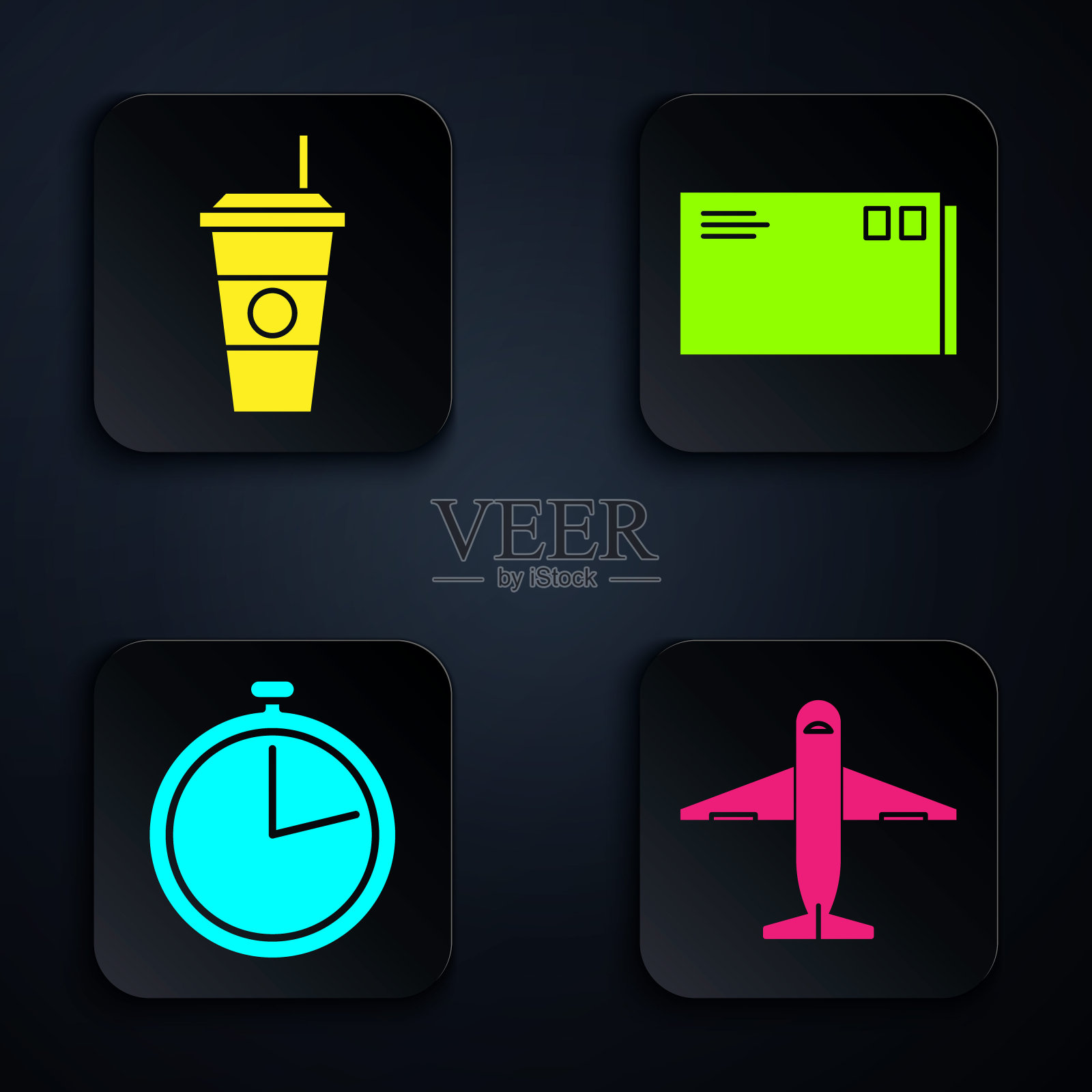 设置飞机,咖啡杯,秒表和信封。黑色方形按钮。向量插画图片素材