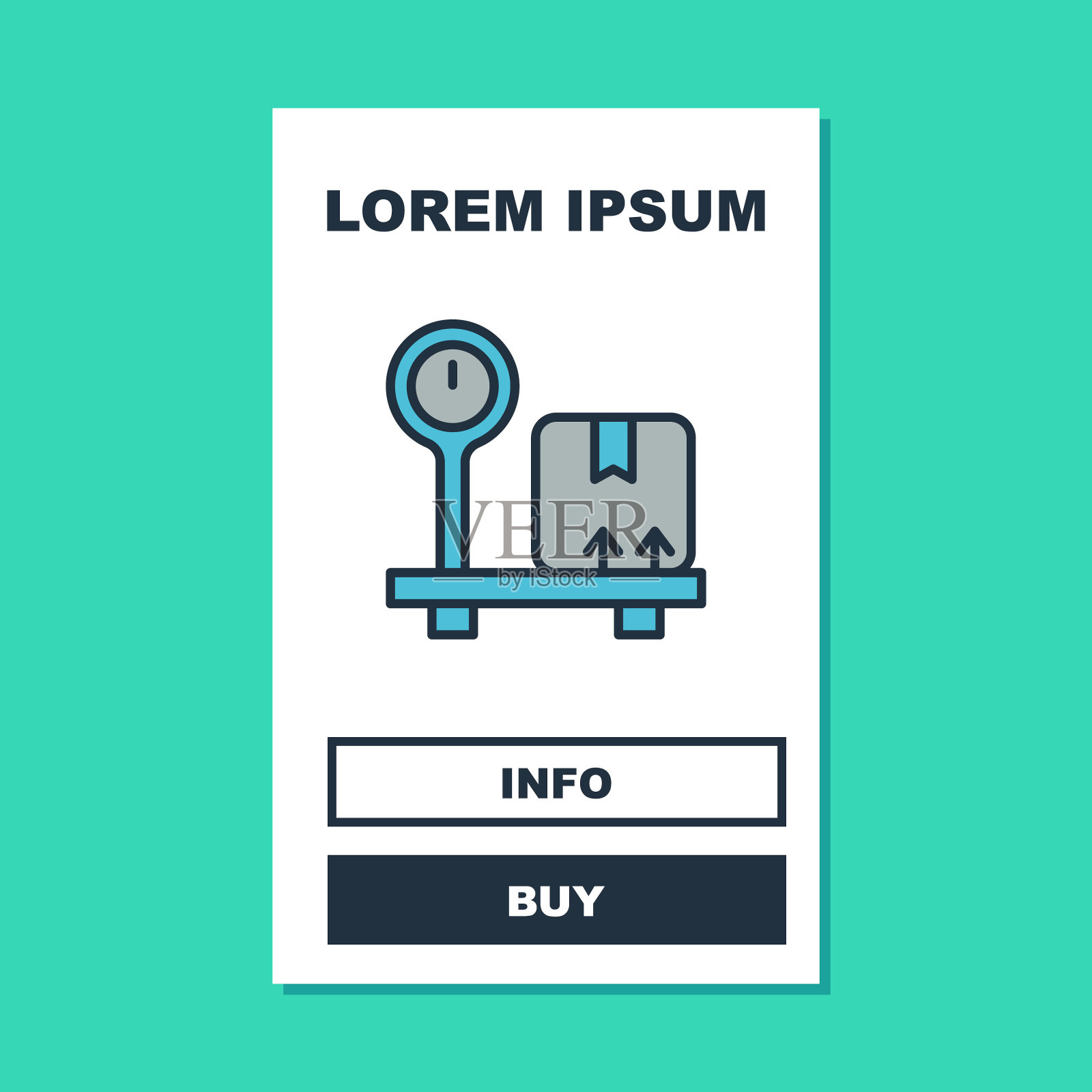 填充轮廓比例与纸箱图标隔离在绿松石背景。物流和配送。称上包裹的重量。向量插画图片素材